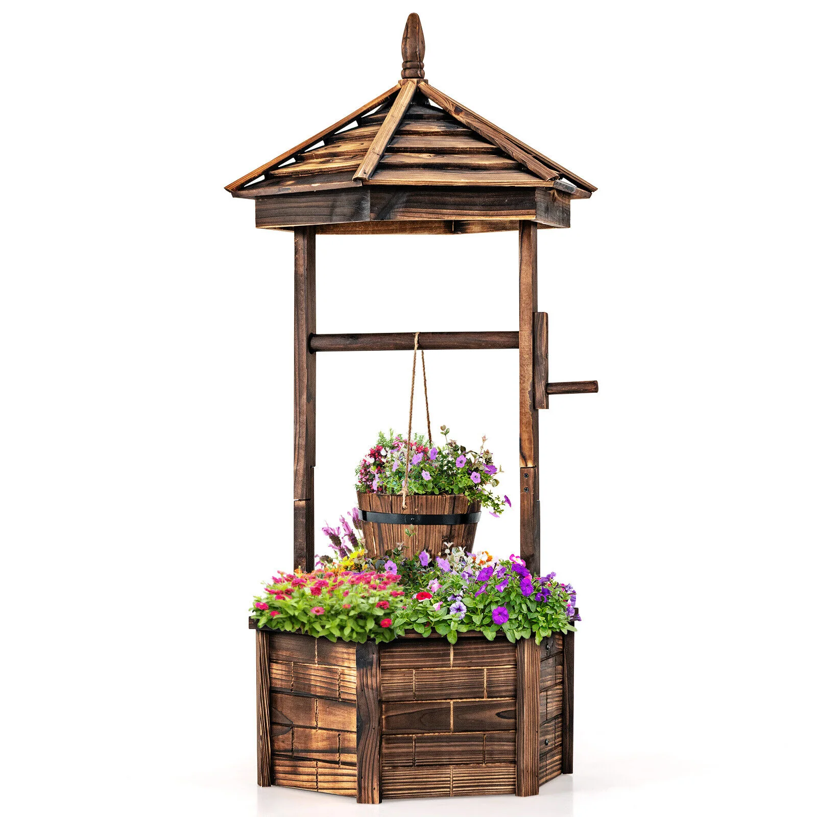 Rustic Wooden Wishing Well, Adjustable Hanging Bucket, Brown