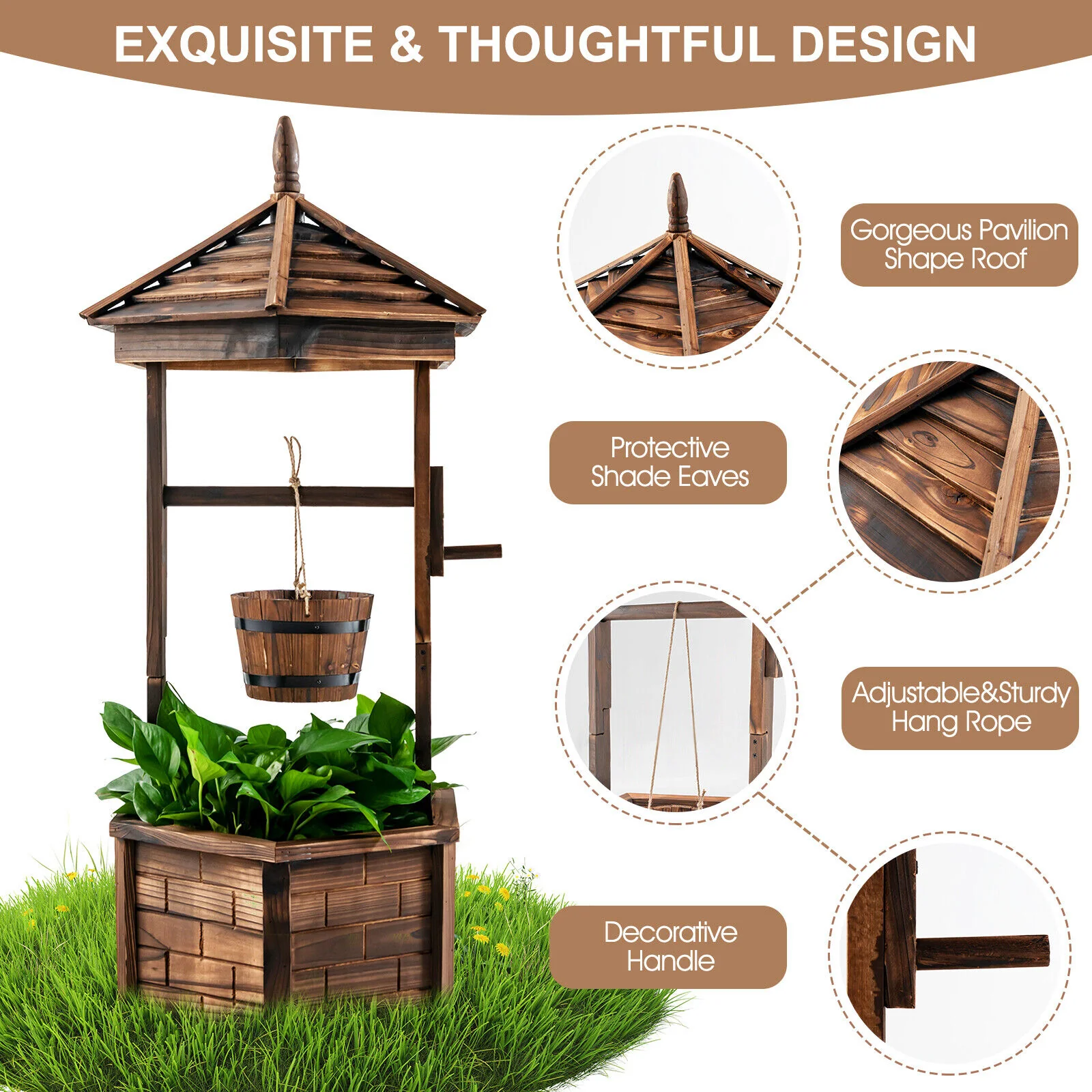 Rustic Wooden Wishing Well, Adjustable Hanging Bucket, Brown - Image 10