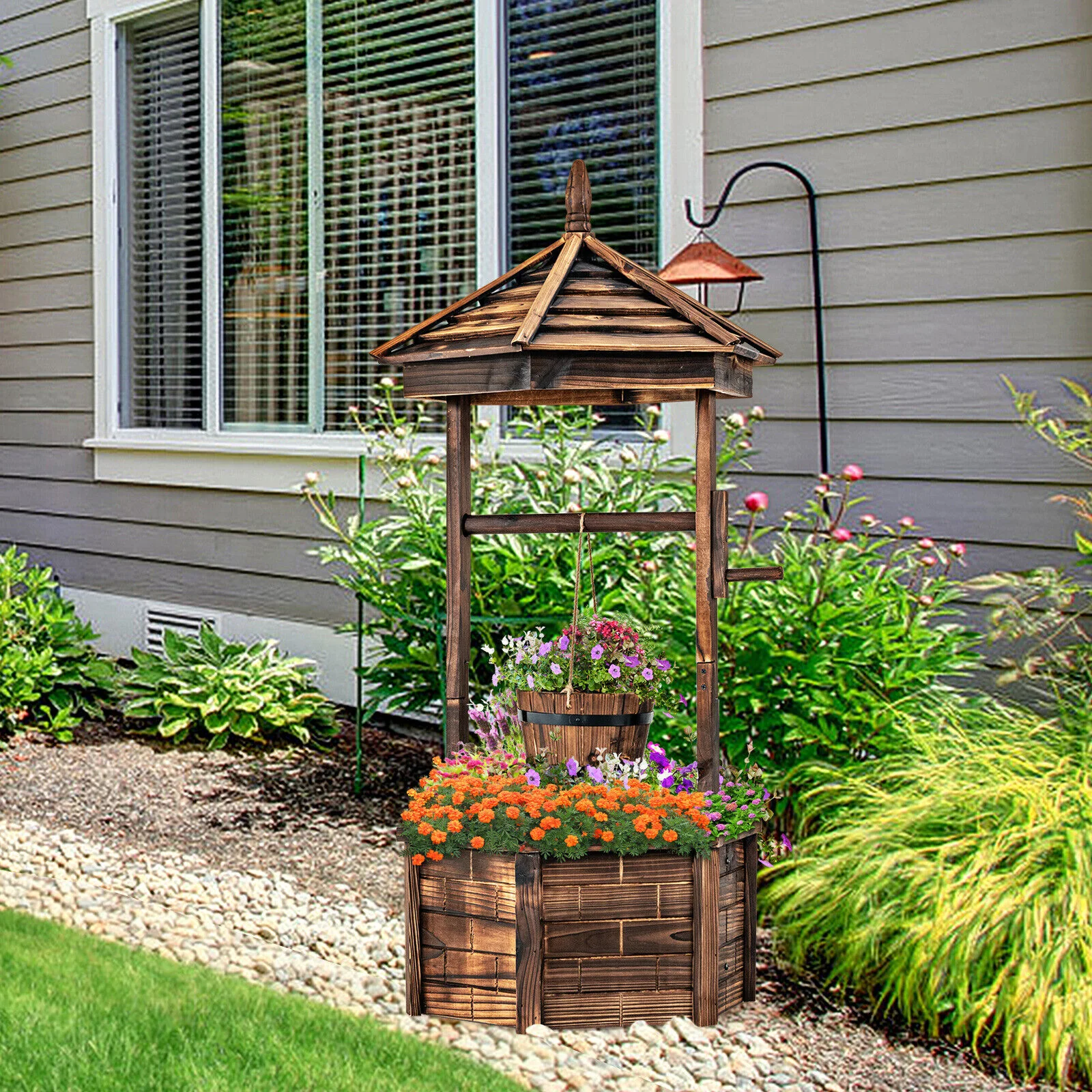 Rustic Wooden Wishing Well, Adjustable Hanging Bucket, Brown - Image 2