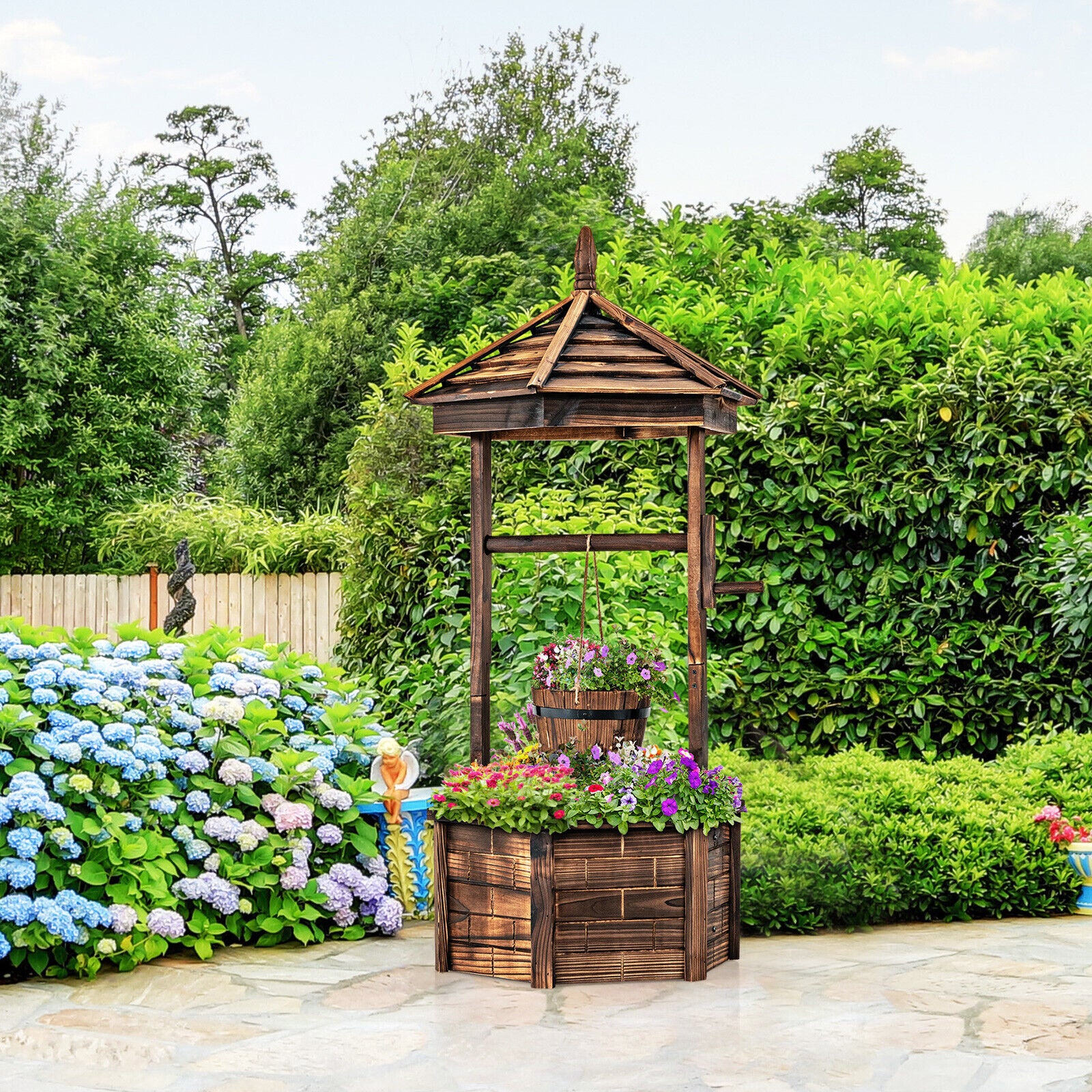 Rustic Wooden Wishing Well, Adjustable Hanging Bucket, Brown - Image 3