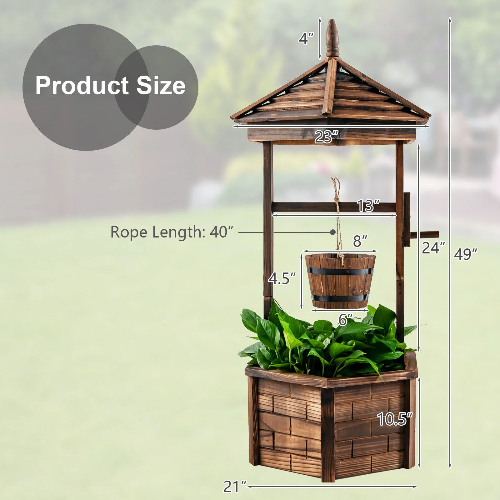 Rustic Wooden Wishing Well, Adjustable Hanging Bucket, Brown - Image 6