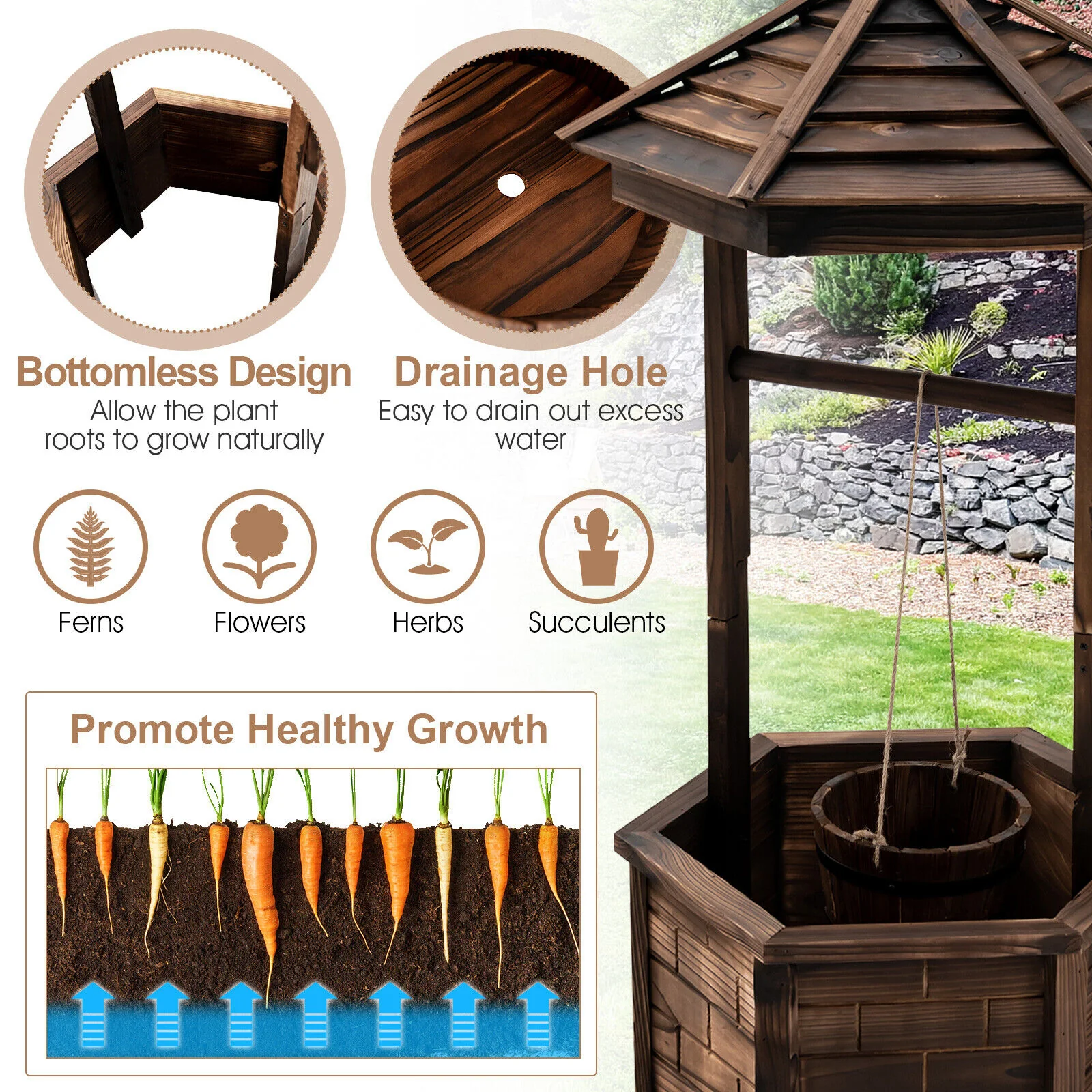 Rustic Wooden Wishing Well, Adjustable Hanging Bucket, Brown - Image 8