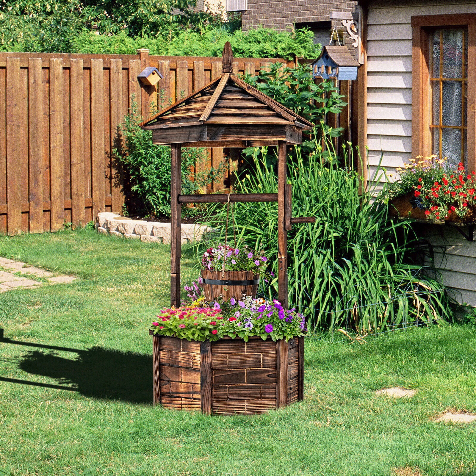 Rustic Wooden Wishing Well, Adjustable Hanging Bucket, Brown - Image 9