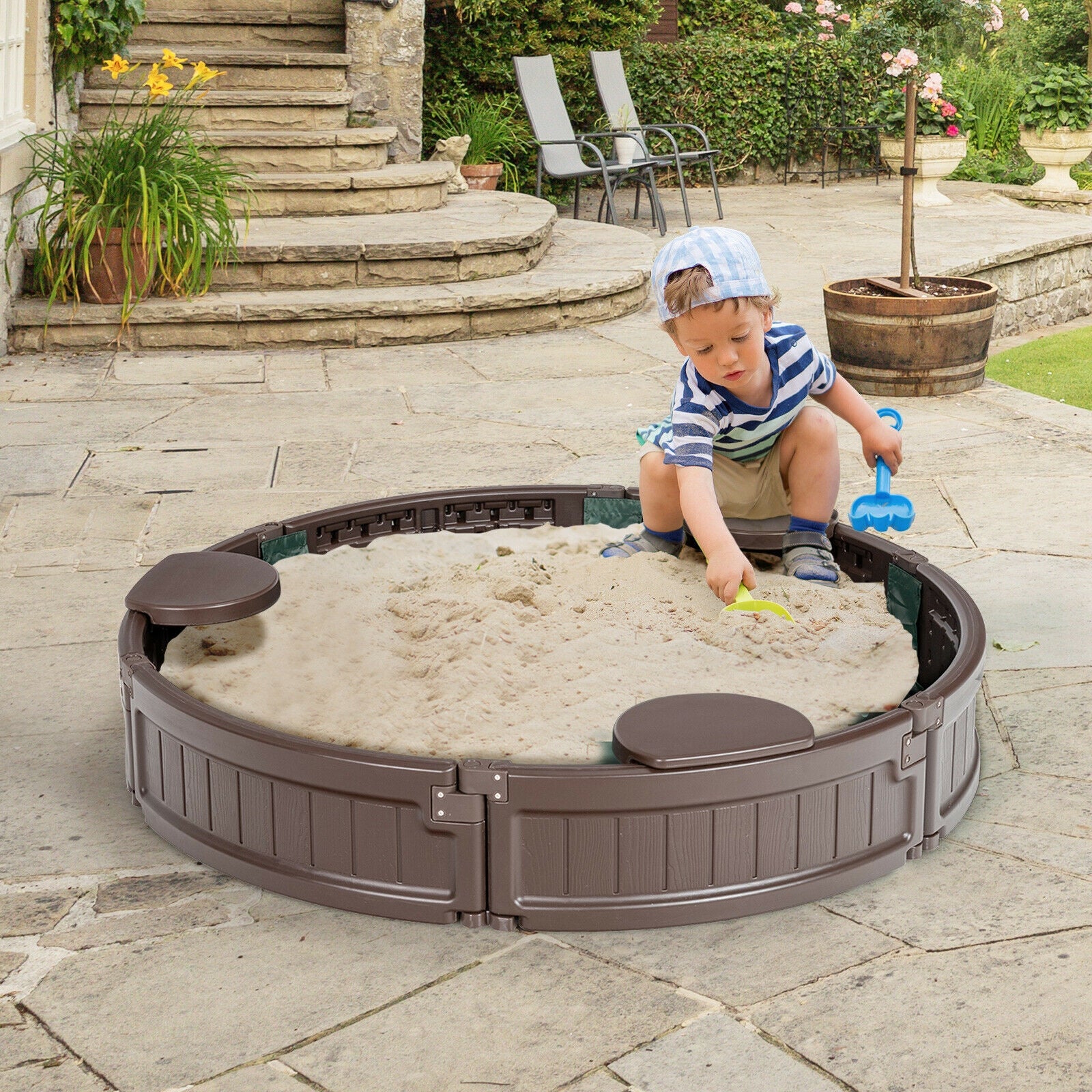 Sandbox With Built-In Corner Seat And Cover, Brown - Image 2