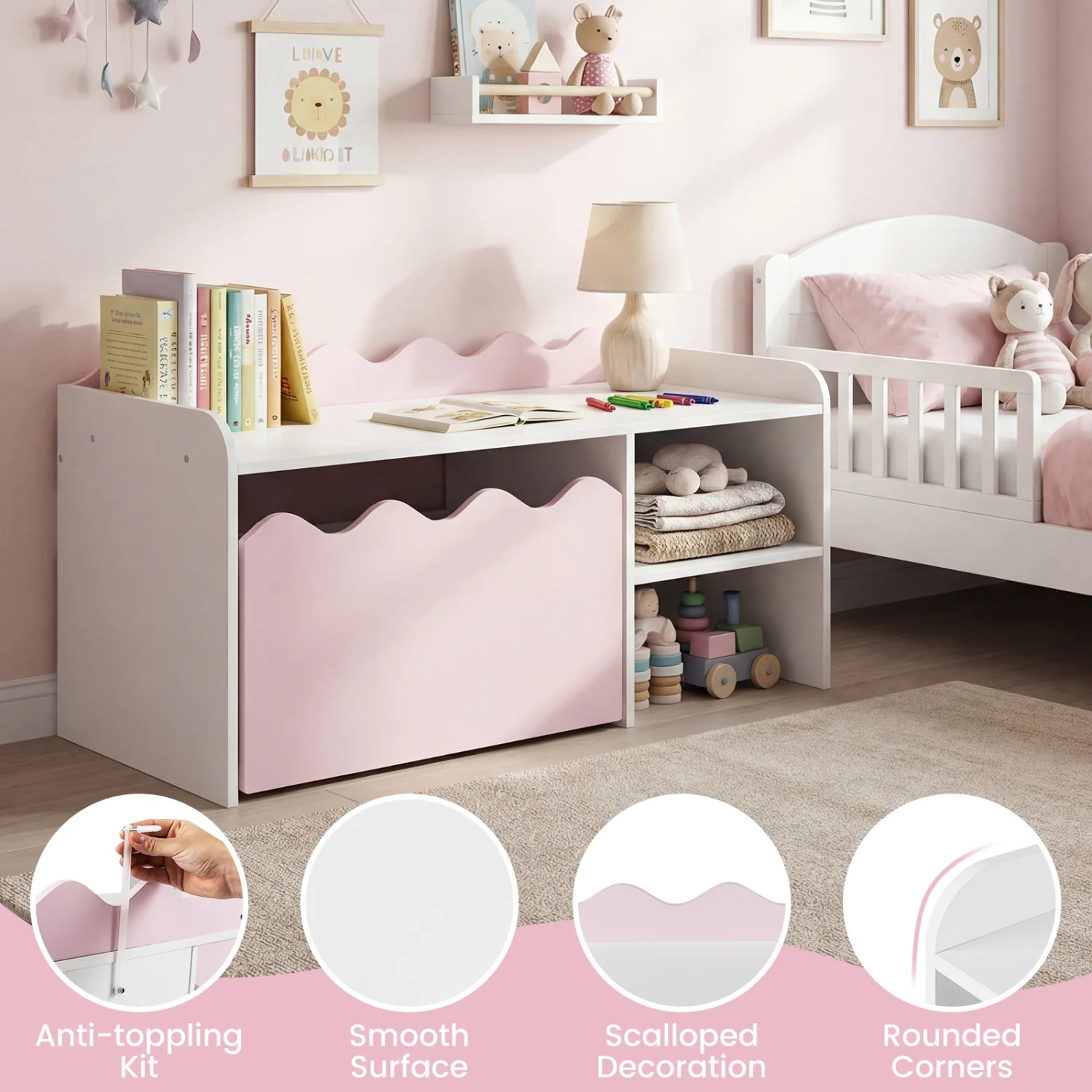 Scalloped Kids Bookshelf, Toy Storage Organizer, Pink - Image 9