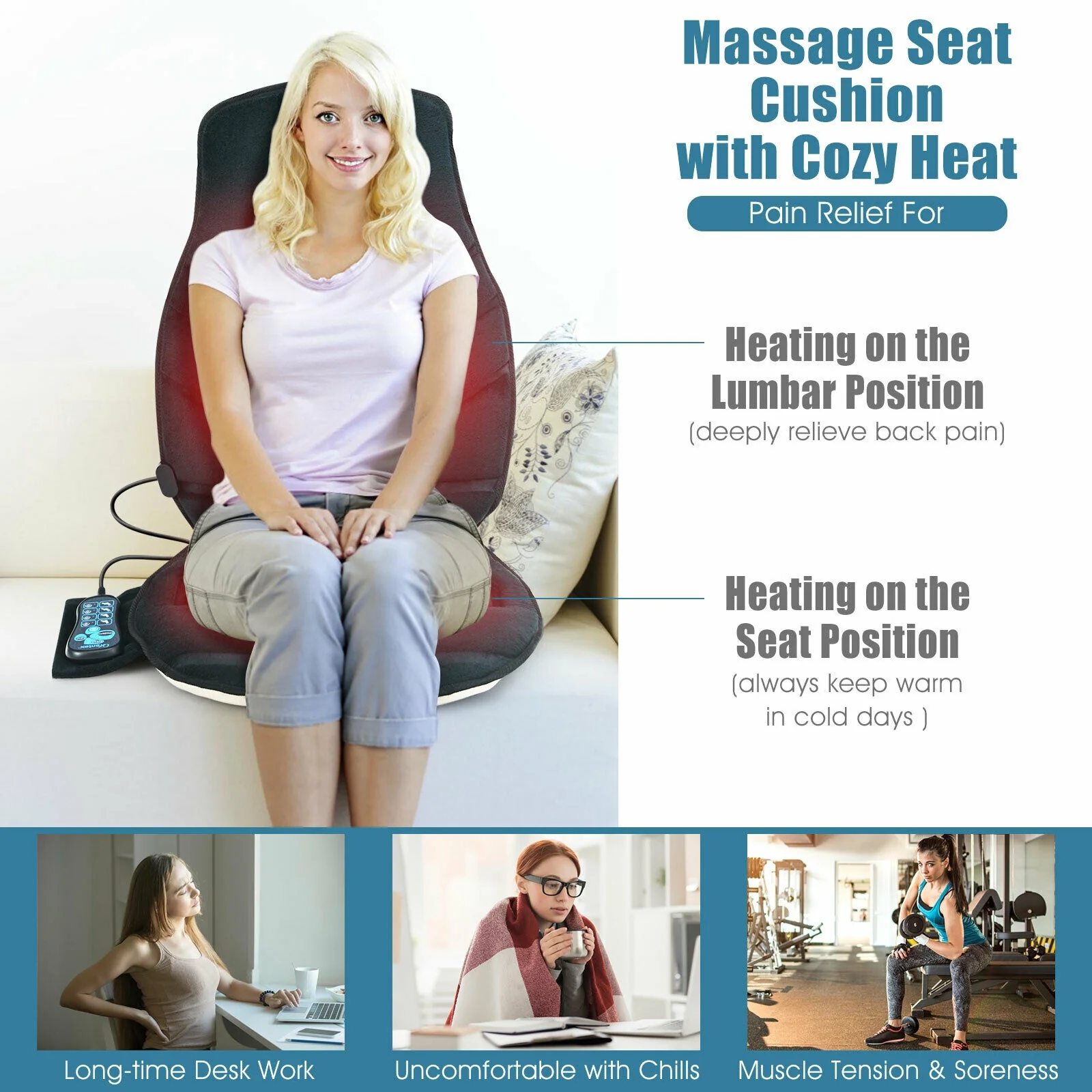 Seat Cushion Massager With Heat, 6 Vibration Motors, Black - Image 8
