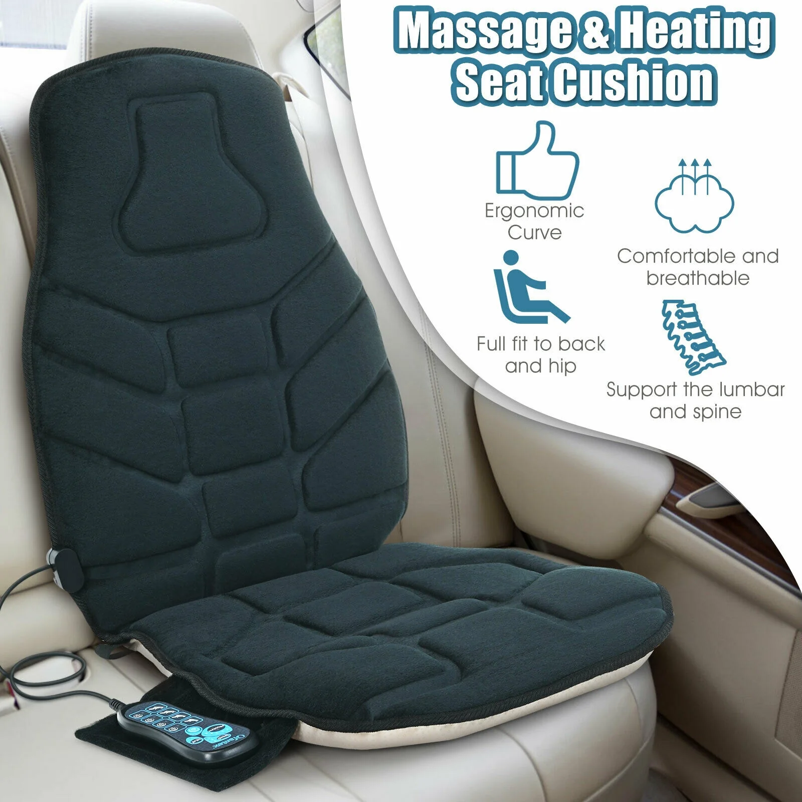 Seat Cushion Massager With Heat, 6 Vibration Motors, Black - Image 9