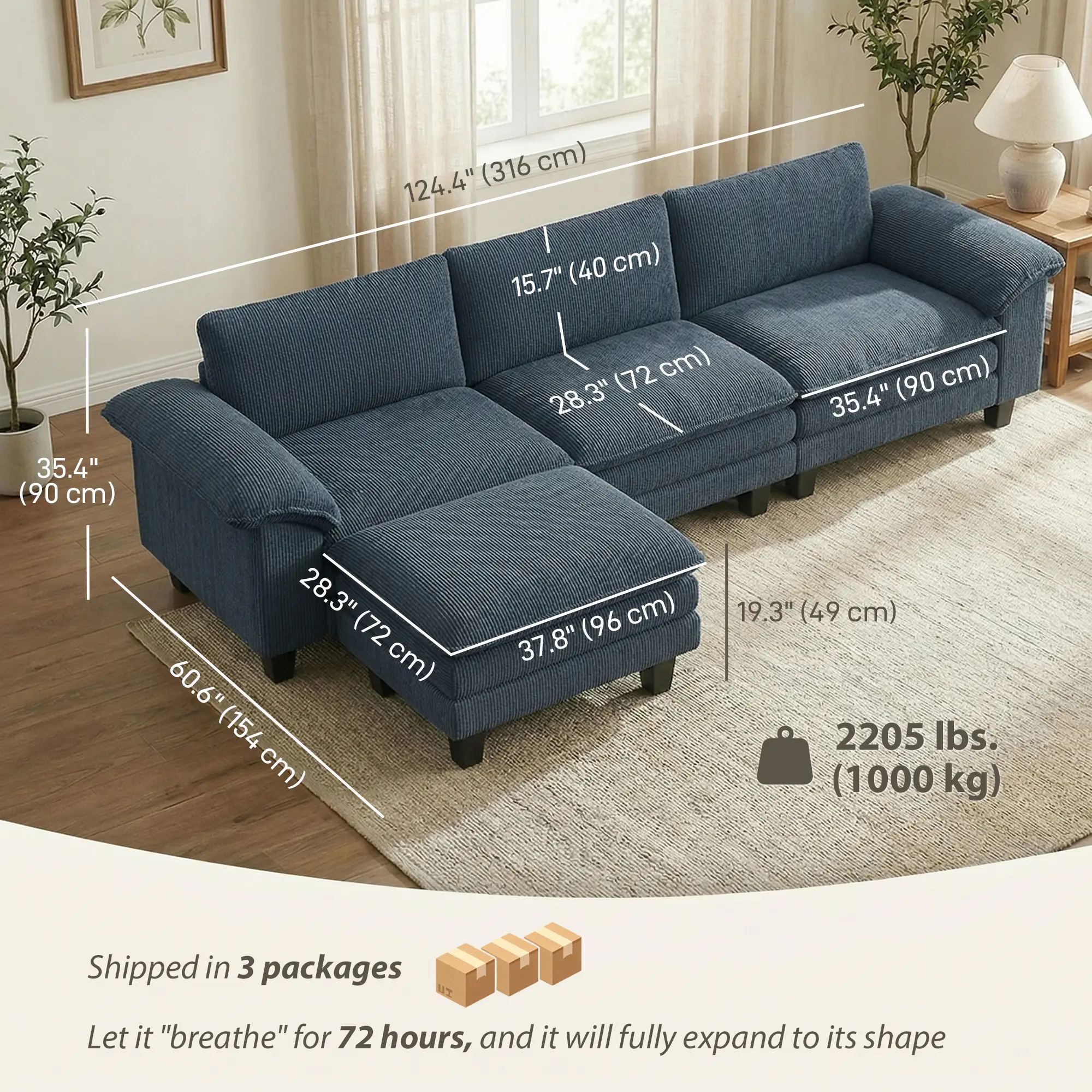 Sectional Sofa, L Shaped Couch, Deep Seat, Blue - Image 3