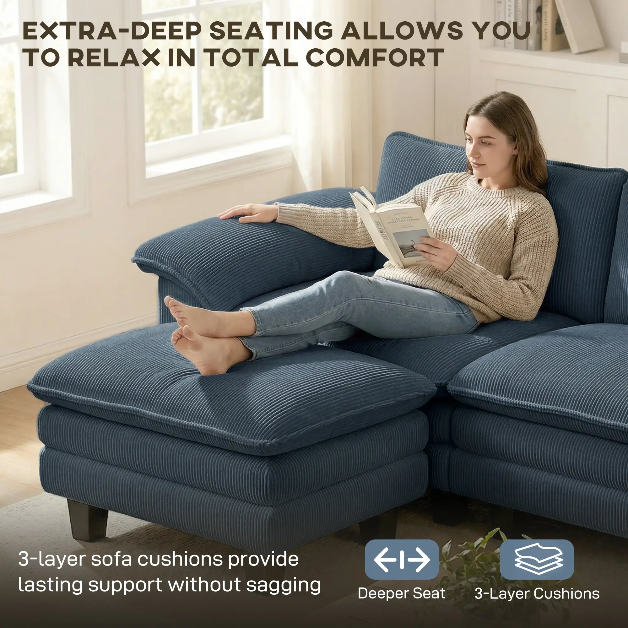 Sectional Sofa, L Shaped Couch, Deep Seat, Blue - Image 4