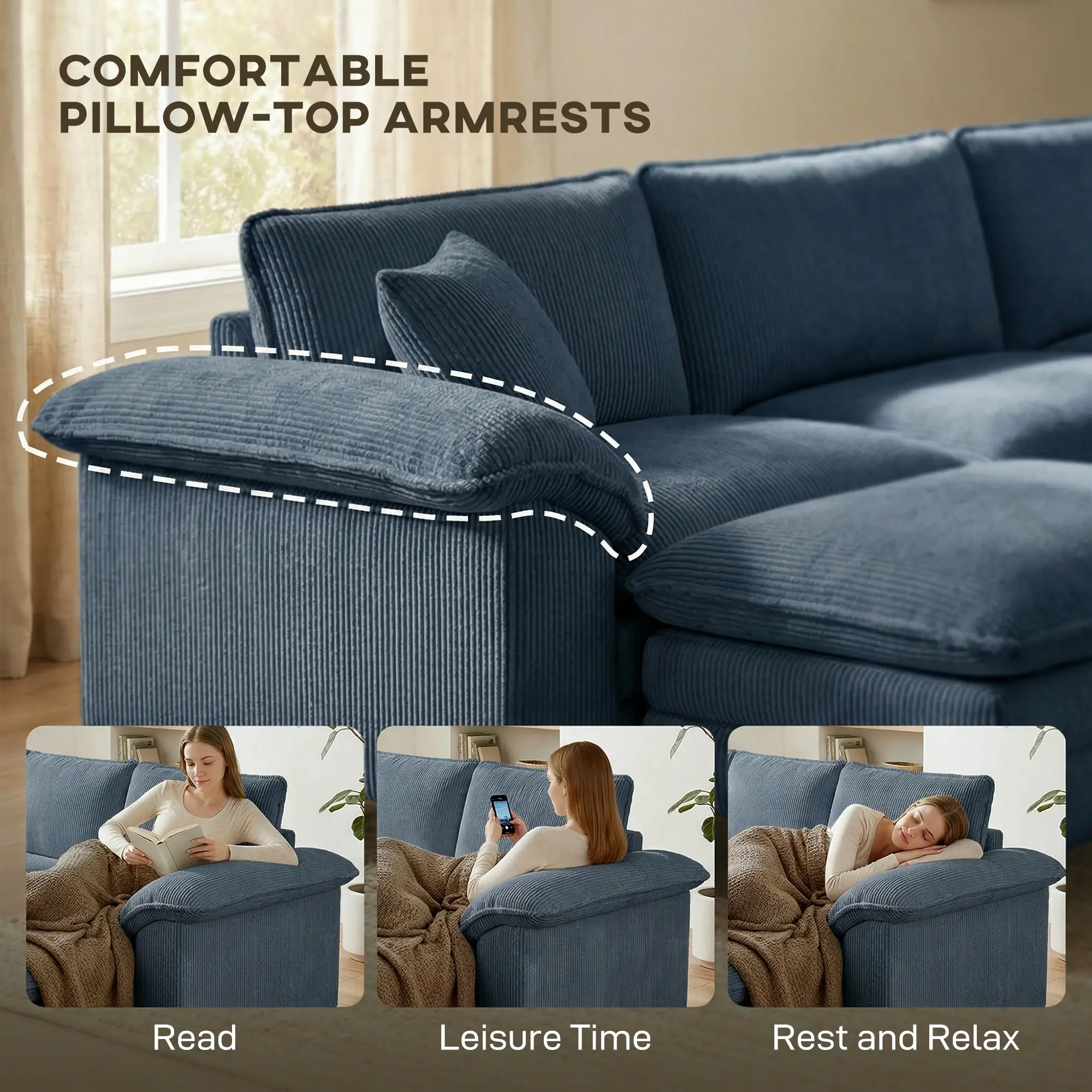 Sectional Sofa, L Shaped Couch, Deep Seat, Blue - Image 5