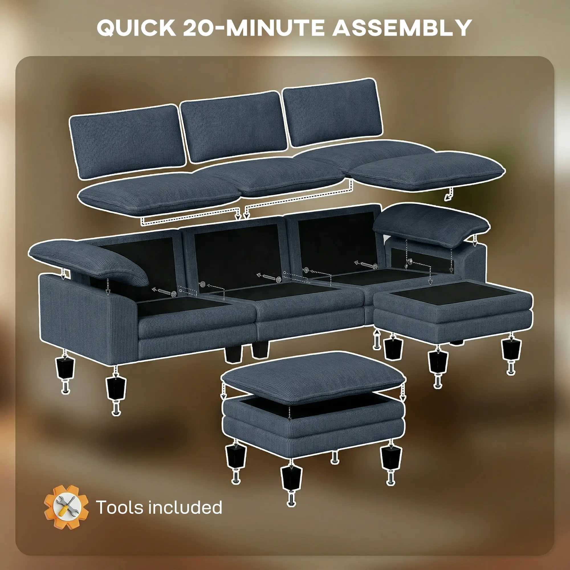 Sectional Sofa, L Shaped Couch, Deep Seat, Blue - Image 7