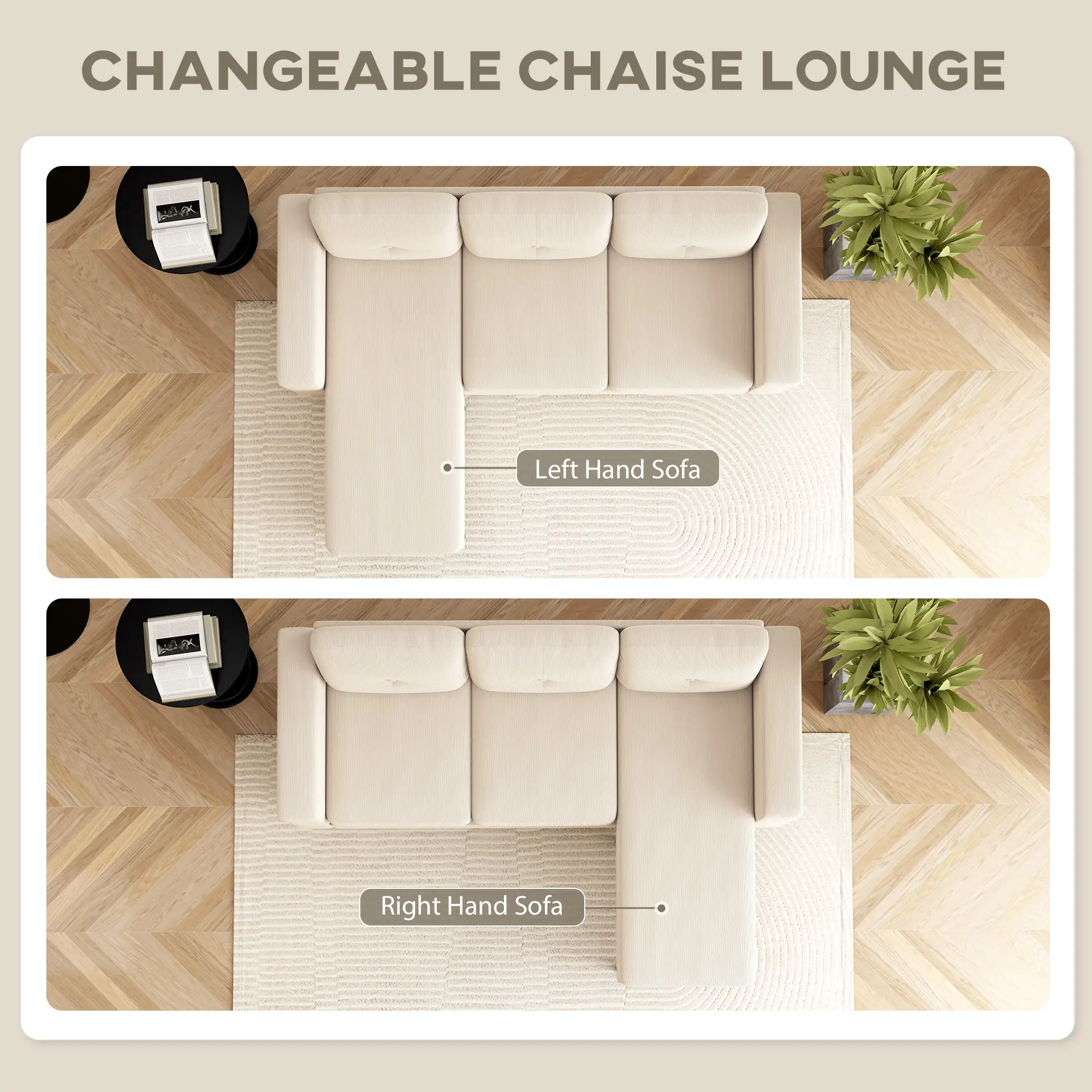 Sectional Sofa with Changeable Chaise, 3 Seat L-Shaped, Cream White - Image 4