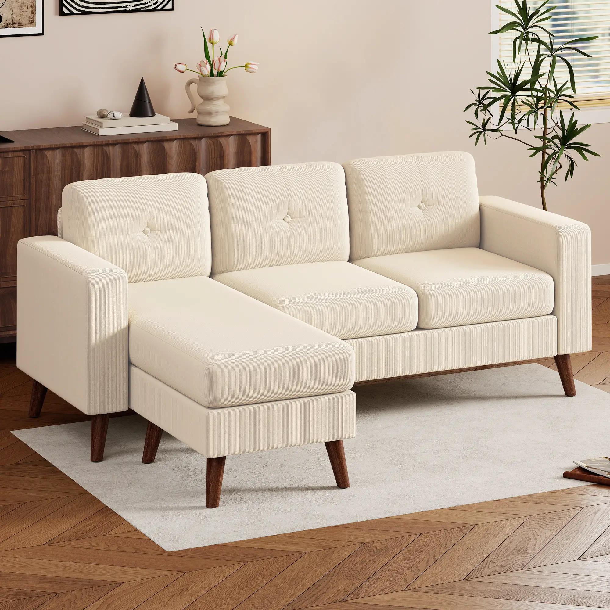 Sectional Sofa with Changeable Chaise, 3 Seat L-Shaped, Cream White - Image 9