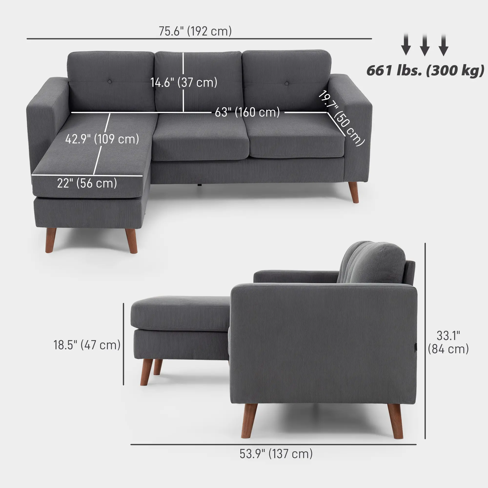 Sectional Sofa with Changeable Chaise, 3 Seat L-Shaped, Dark Grey - Image 3