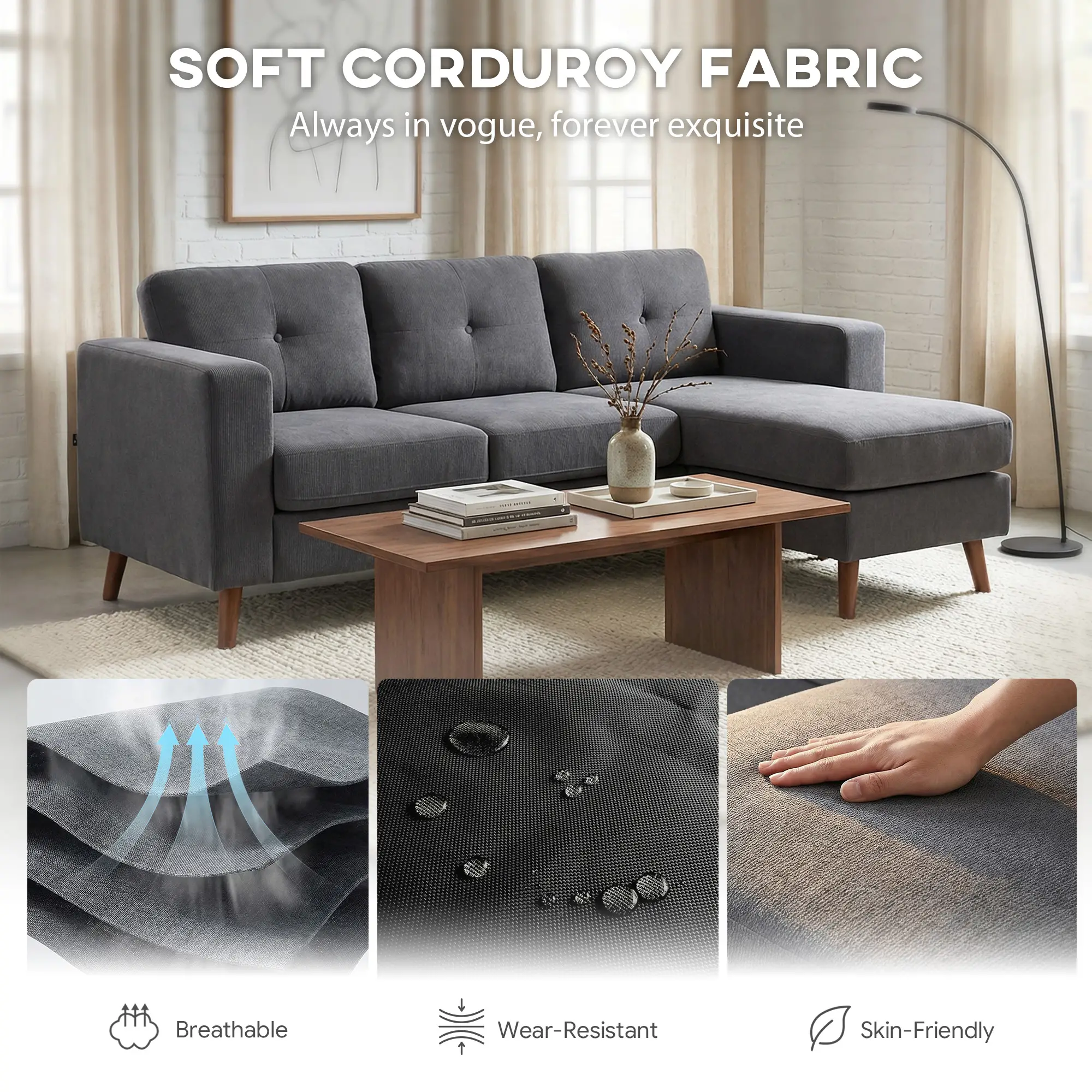 Sectional Sofa with Changeable Chaise, 3 Seat L-Shaped, Dark Grey - Image 5