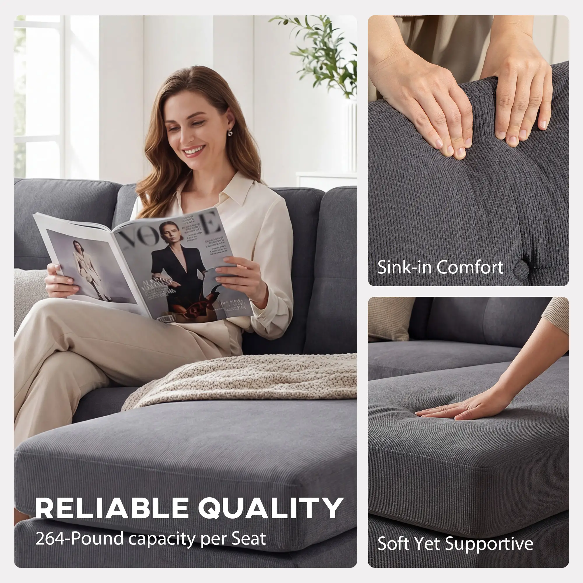Sectional Sofa with Changeable Chaise, 3 Seat L-Shaped, Dark Grey - Image 6