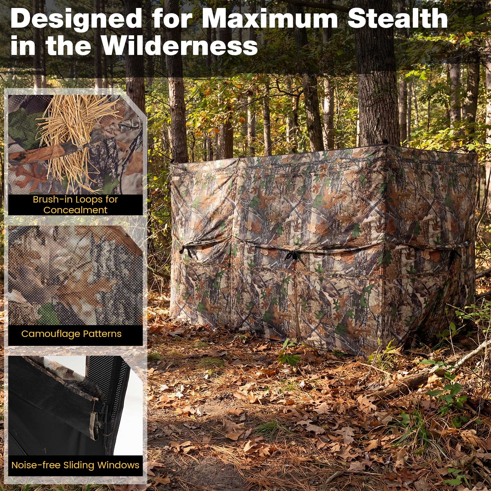 See-Through Hunting Blind Panel with Dog Door Pop up Waterflow Blind for 1-3 People, Camouflage - Image 10