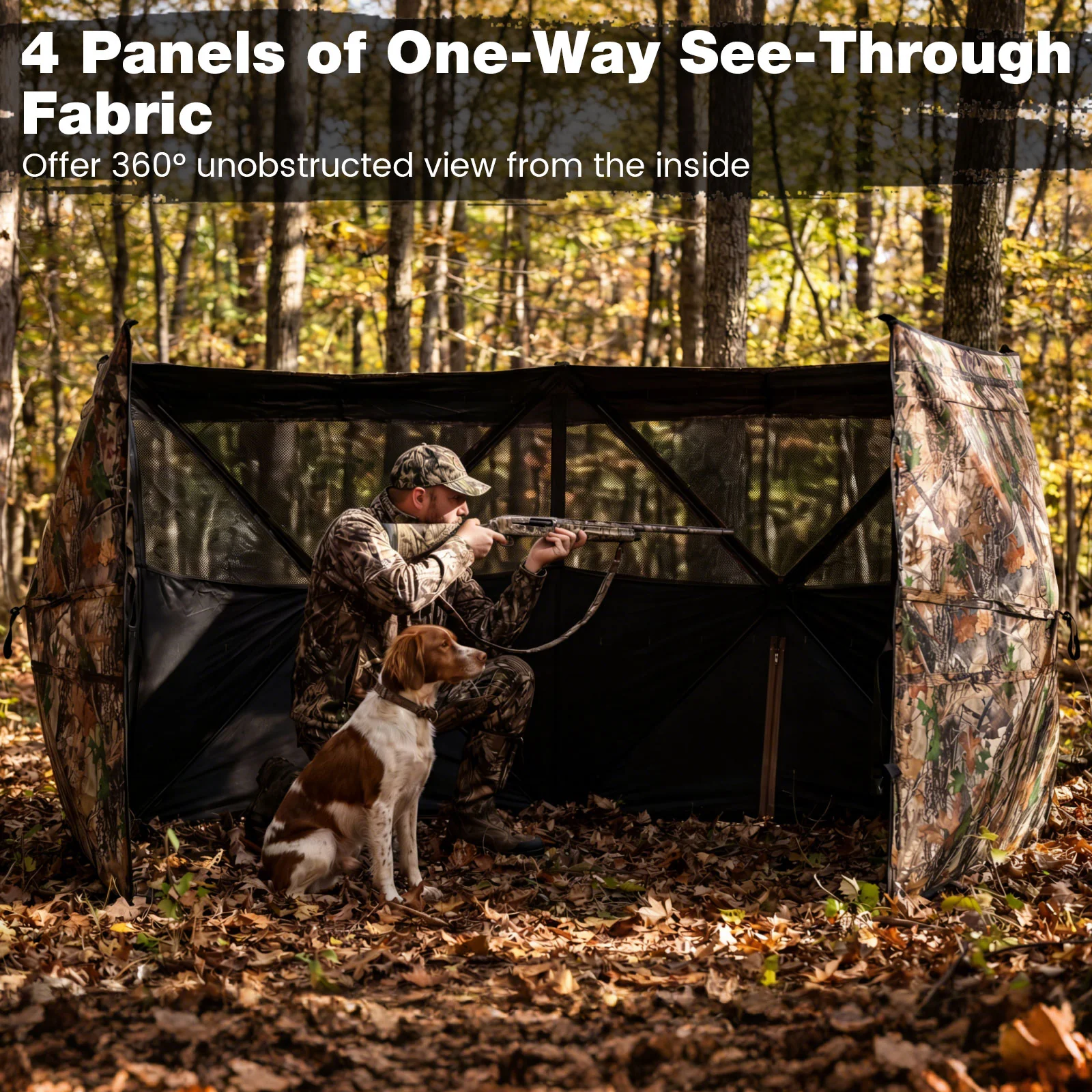 See-Through Hunting Blind Panel with Dog Door Pop up Waterflow Blind for 1-3 People, Camouflage - Image 7
