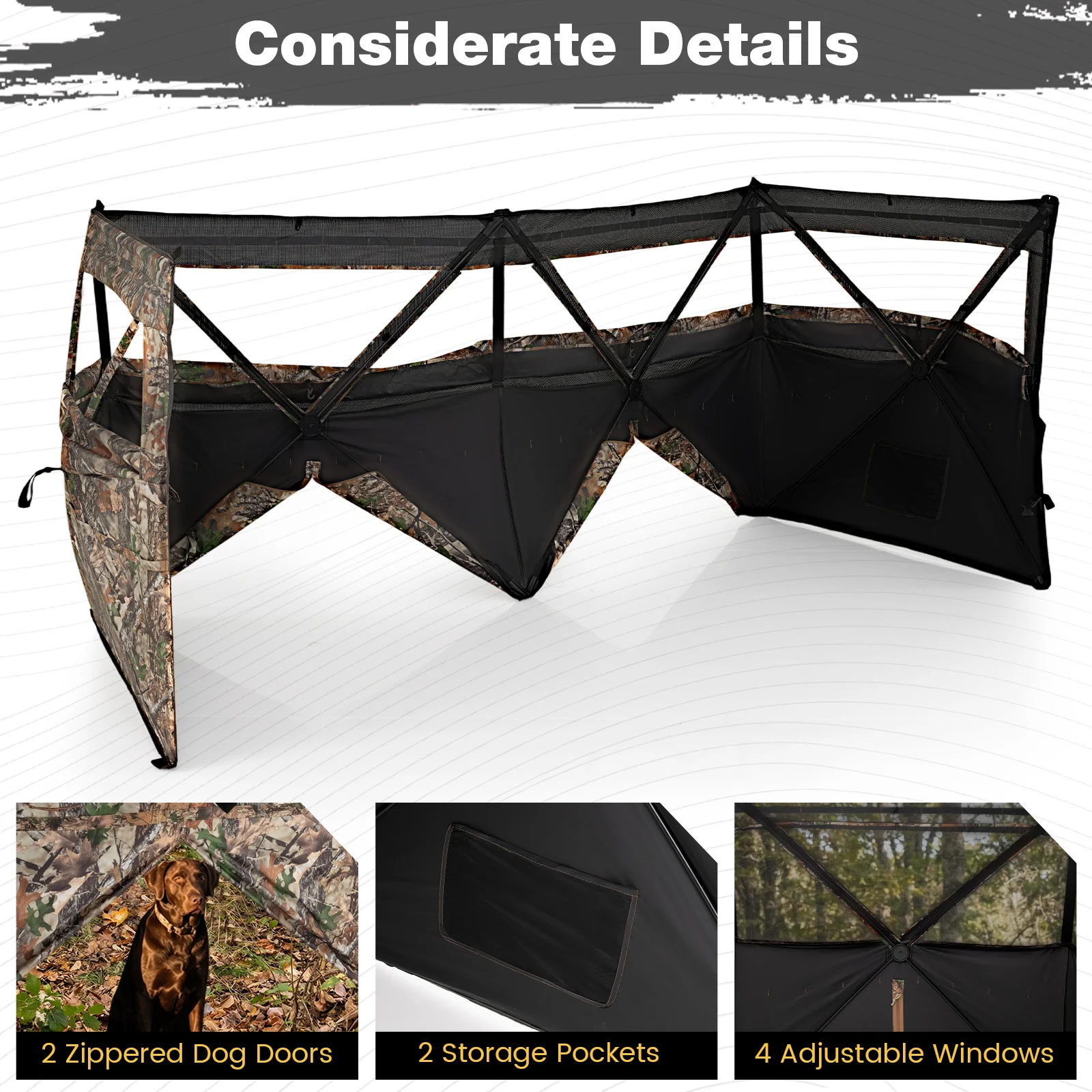 See-Through Hunting Blind Panel with Dog Door Pop up Waterflow Blind for 1-3 People, Camouflage - Image 9