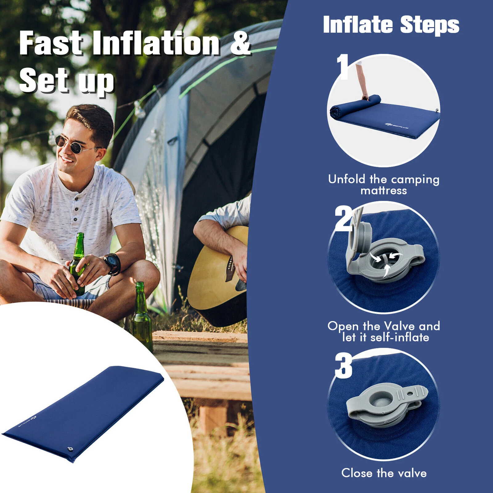Self-Inflating Lightweight Folding Foam Sleeping Cot, Blue - Image 6