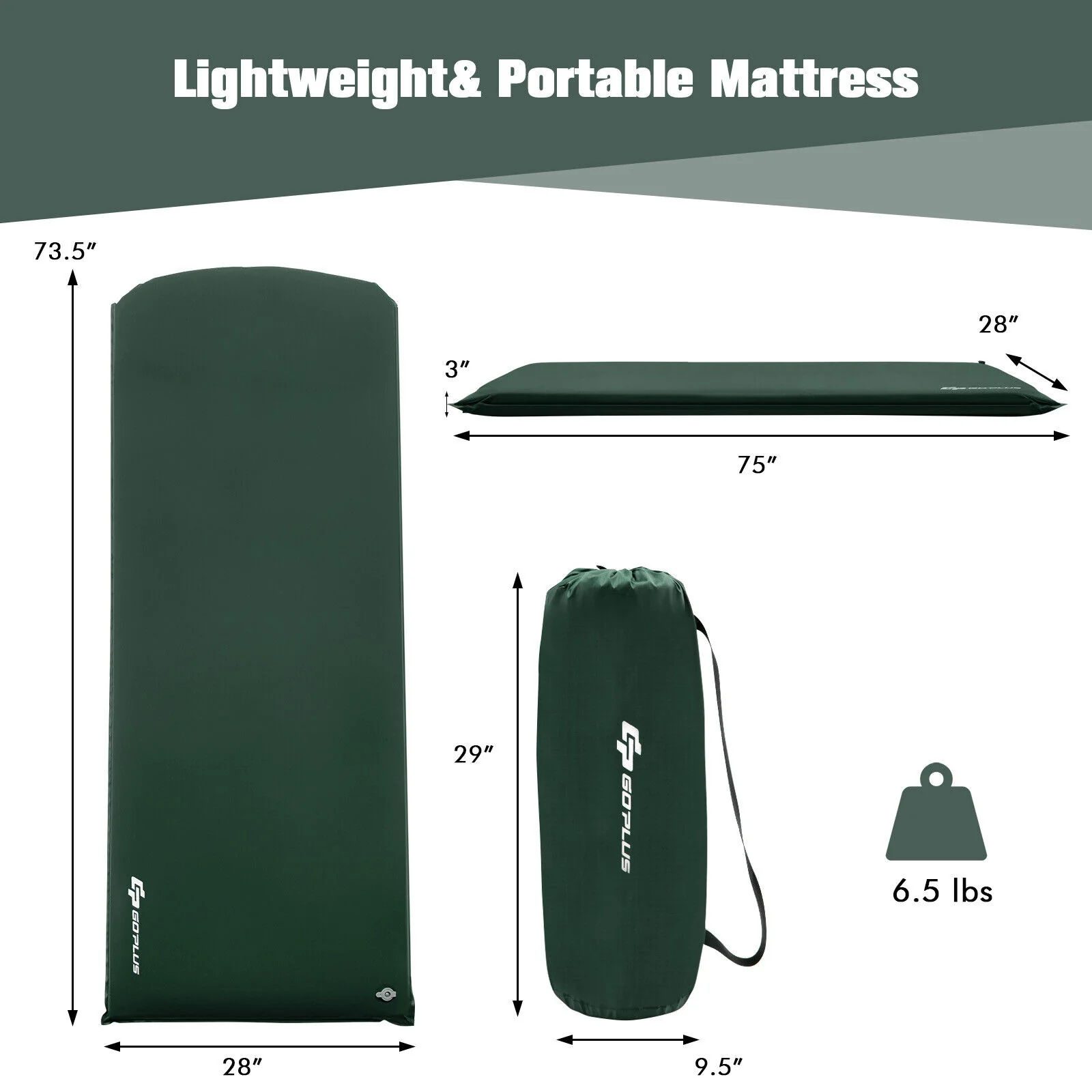 Self-Inflating Lightweight Folding Foam Sleeping Cot, Green - Image 5