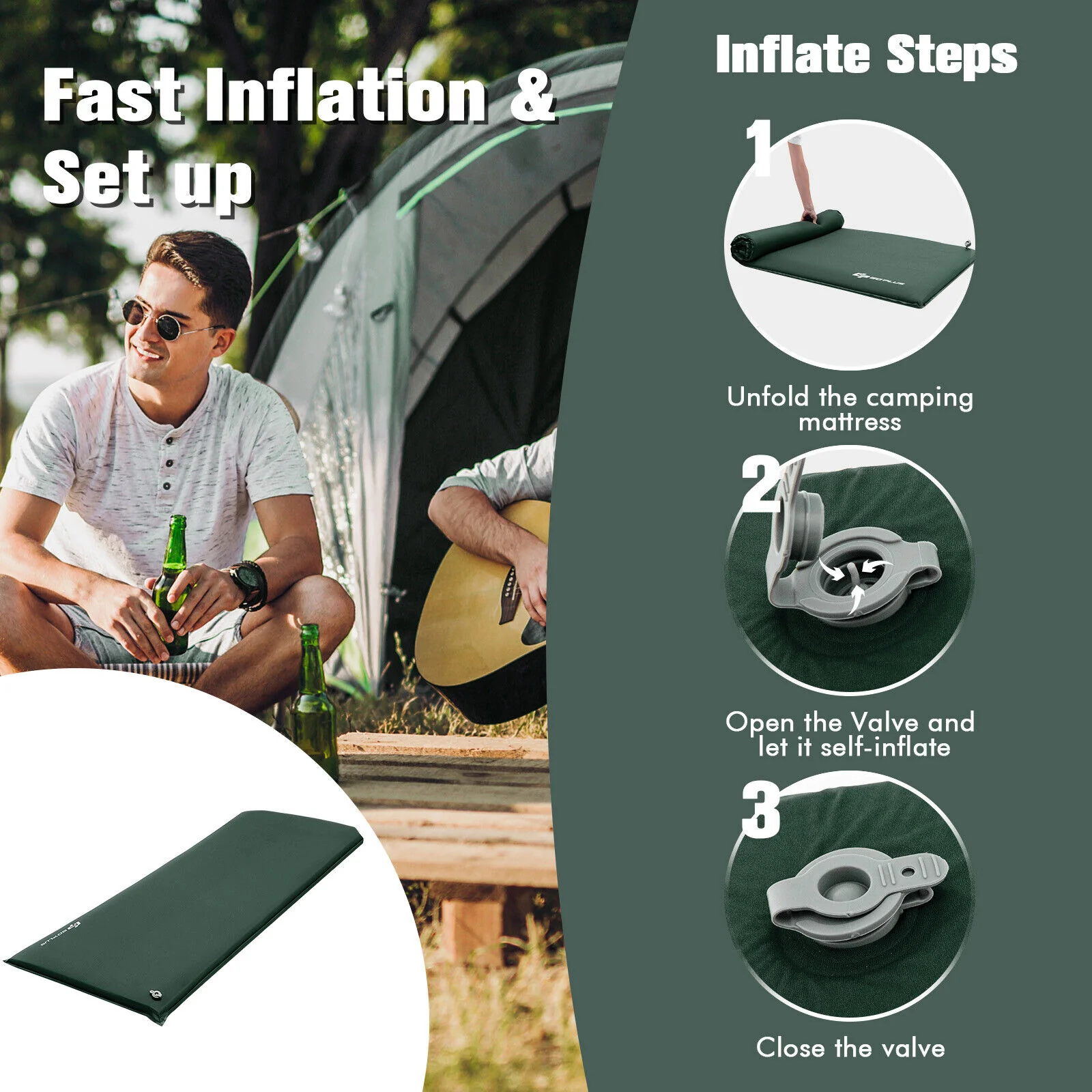 Self-Inflating Lightweight Folding Foam Sleeping Cot, Green - Image 6