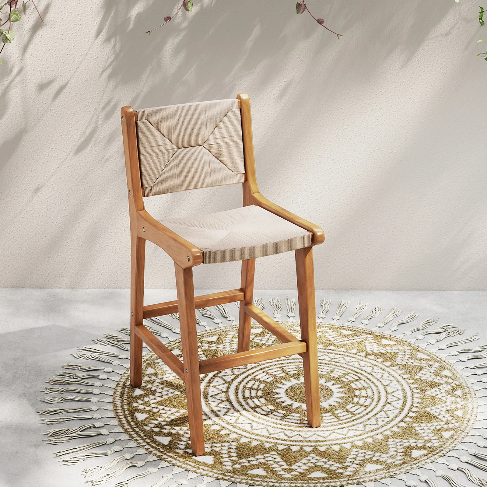 Set of 1 Outdoor Counter Height Bar Stool Woven Paper Rope Patio Barstool with Teak Wood Frame - Image 2