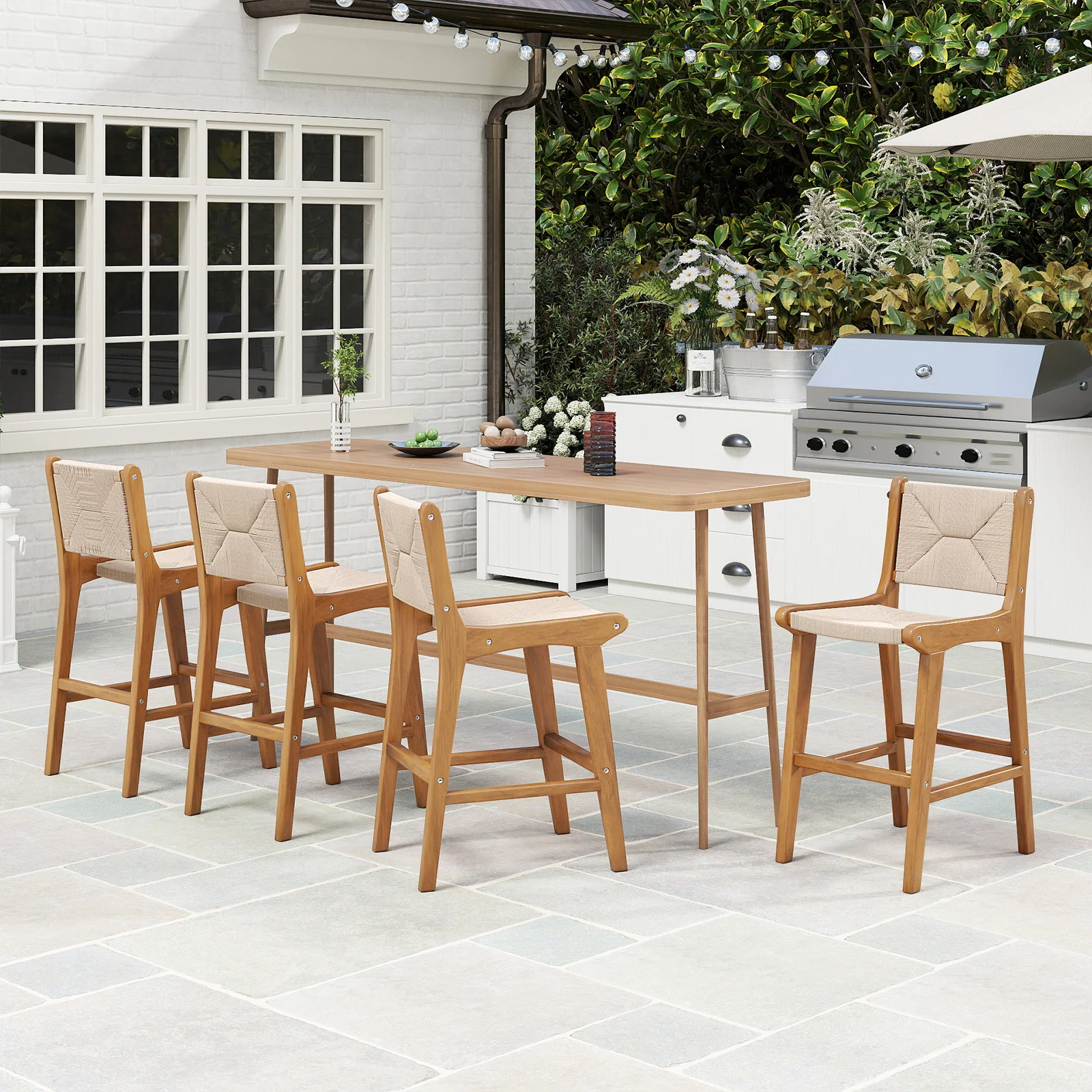 Set of 1 Outdoor Counter Height Bar Stool Woven Paper Rope Patio Barstool with Teak Wood Frame - Image 3