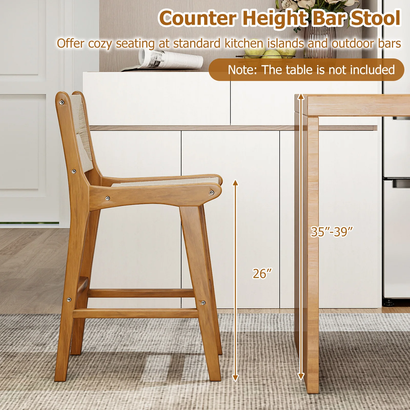 Set of 1 Outdoor Counter Height Bar Stool Woven Paper Rope Patio Barstool with Teak Wood Frame - Image 7