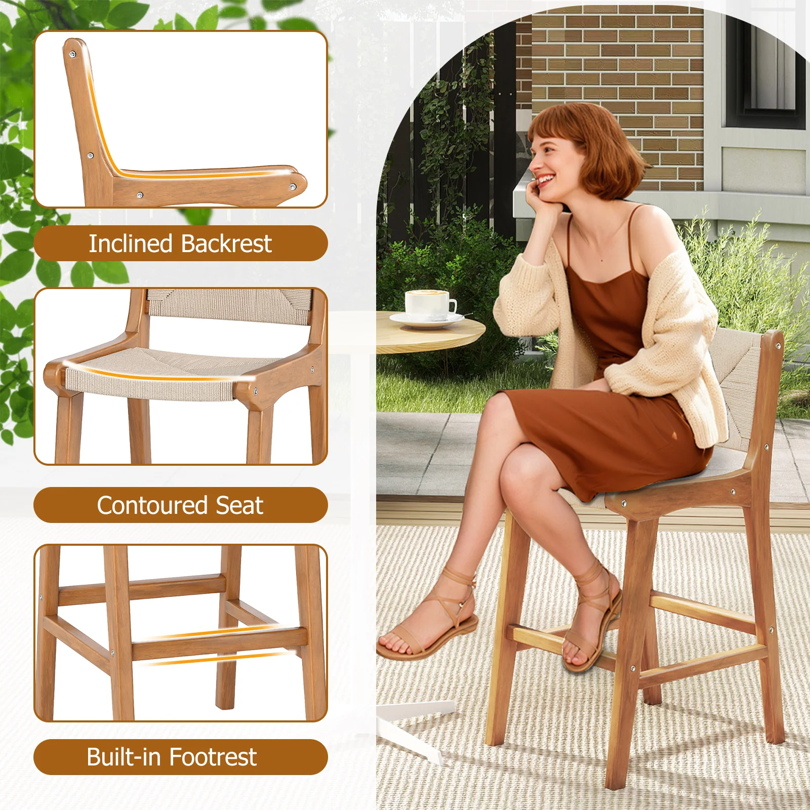 Set of 1 Outdoor Counter Height Bar Stool Woven Paper Rope Patio Barstool with Teak Wood Frame - Image 8