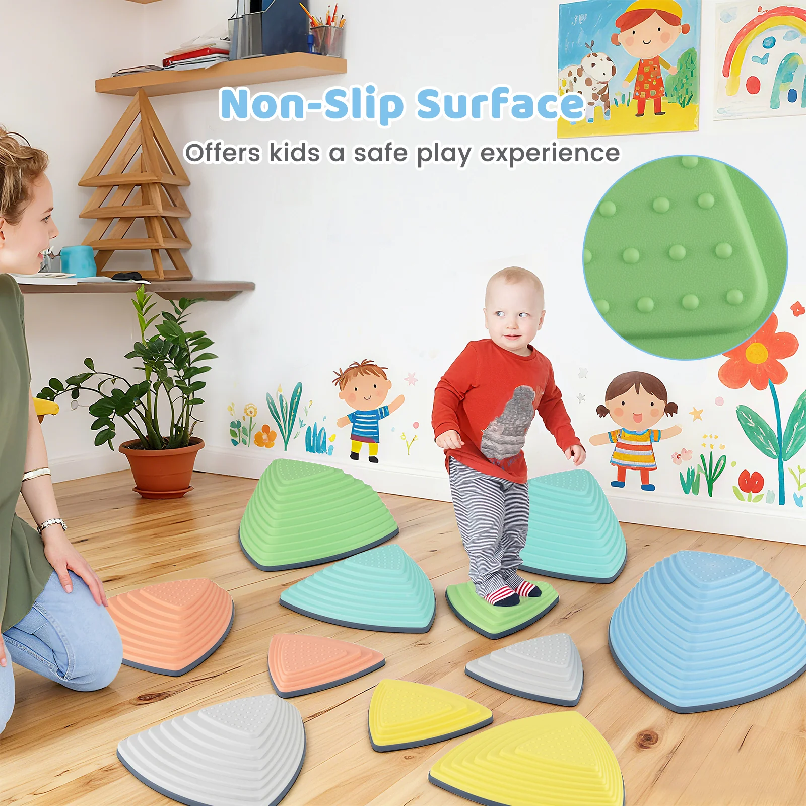 Set of 11 Stepping Stones for Kids Non-Slip Balance Stones with Storage Bag-Set of 11, Multicolor - Image 3