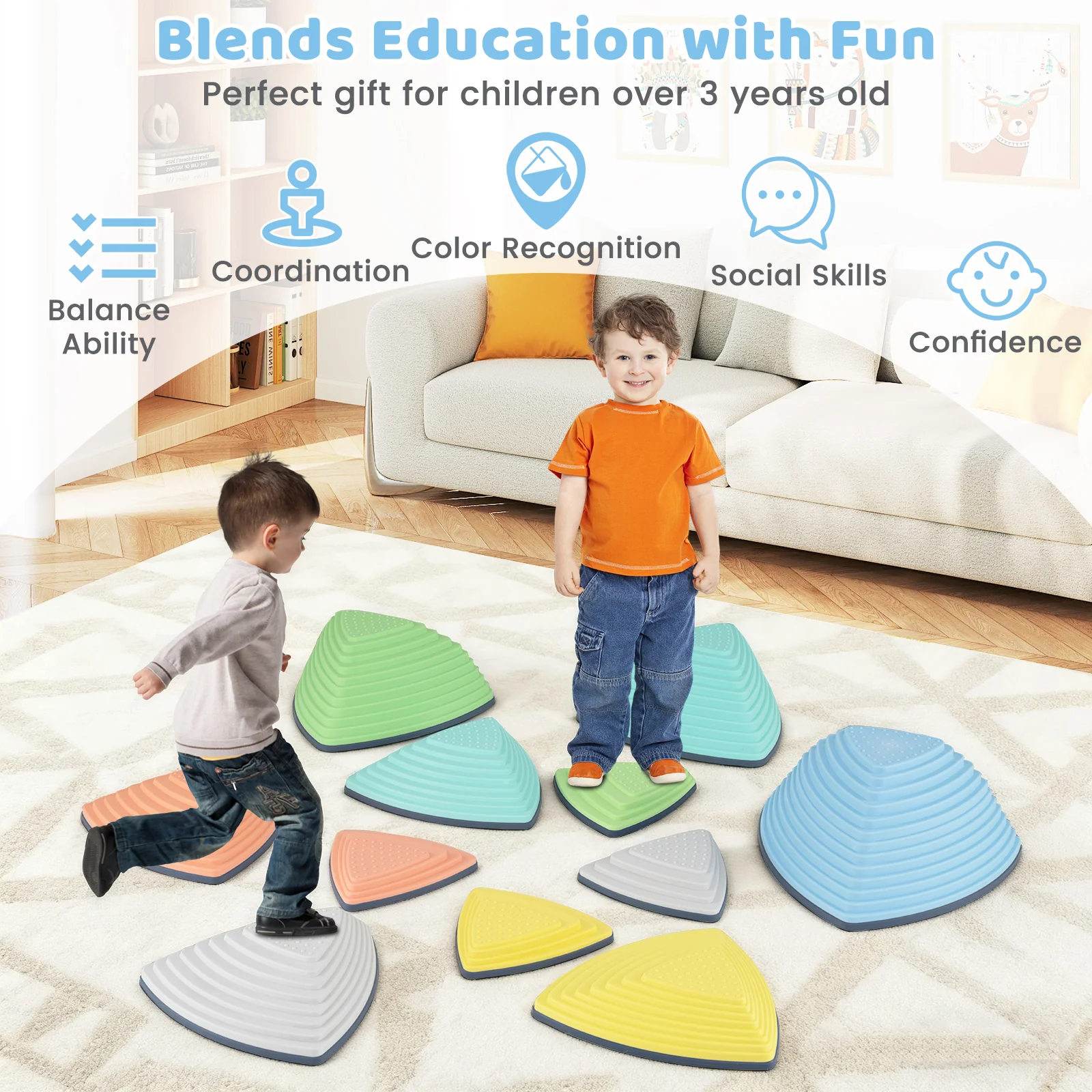 Set of 11 Stepping Stones for Kids Non-Slip Balance Stones with Storage Bag-Set of 11, Multicolor - Image 6