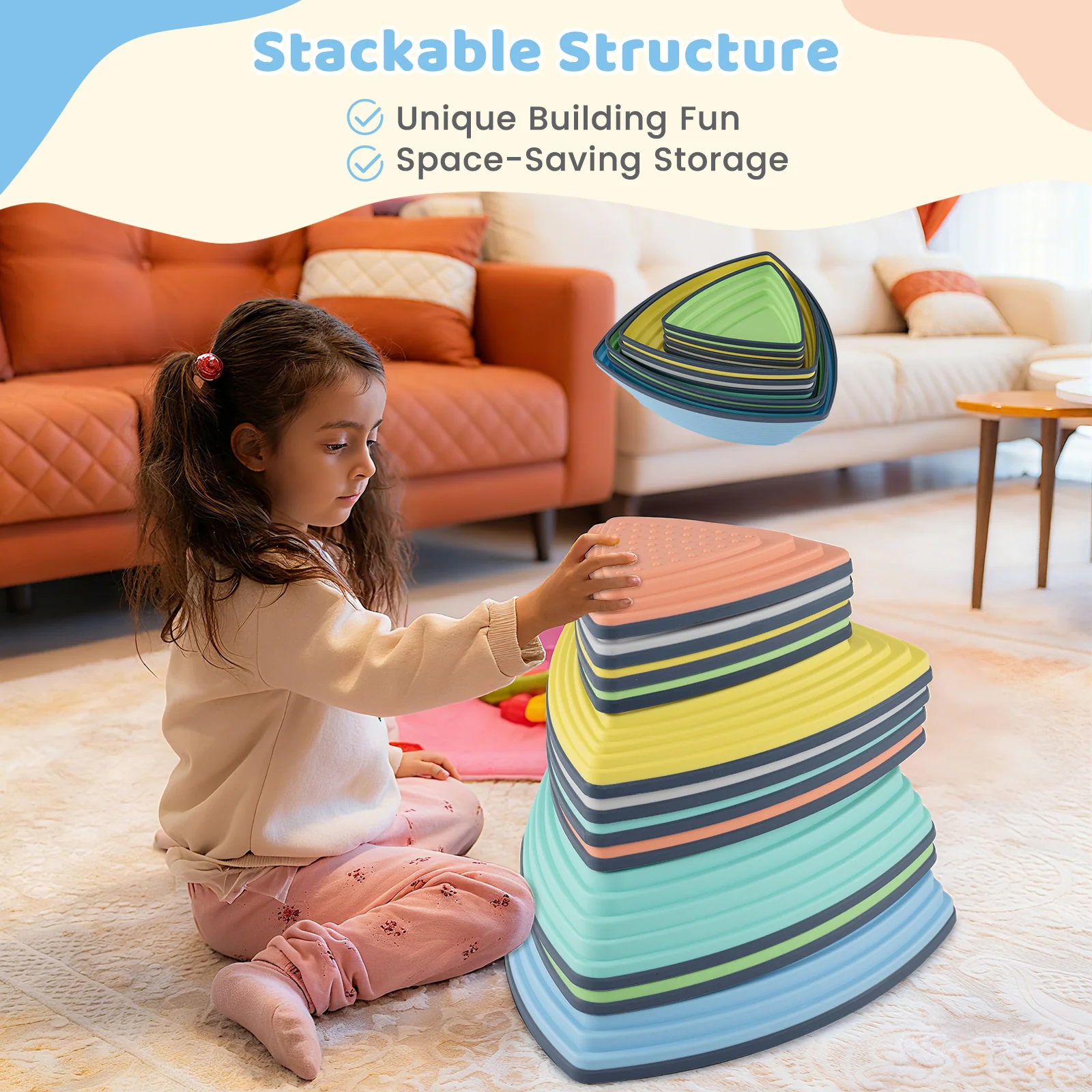 Set of 11 Stepping Stones for Kids Non-Slip Balance Stones with Storage Bag-Set of 11, Multicolor - Image 7