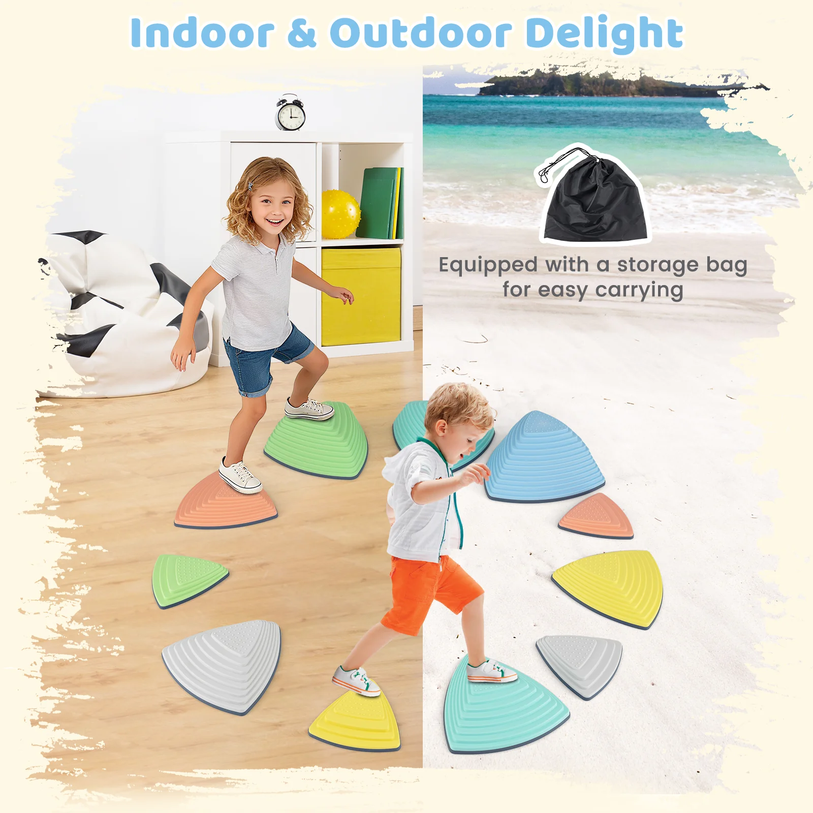 Set of 11 Stepping Stones for Kids Non-Slip Balance Stones with Storage Bag-Set of 11, Multicolor - Image 8