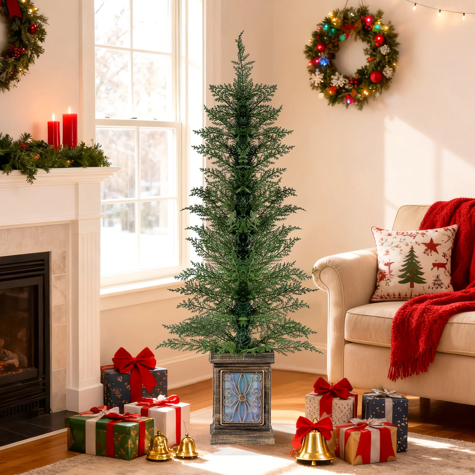 Set of 1/2 4 FT Artificial Christmas Tree Potted Xmas Tree with 100 Branch Tips and Retro Base-Set of 1 - Image 2