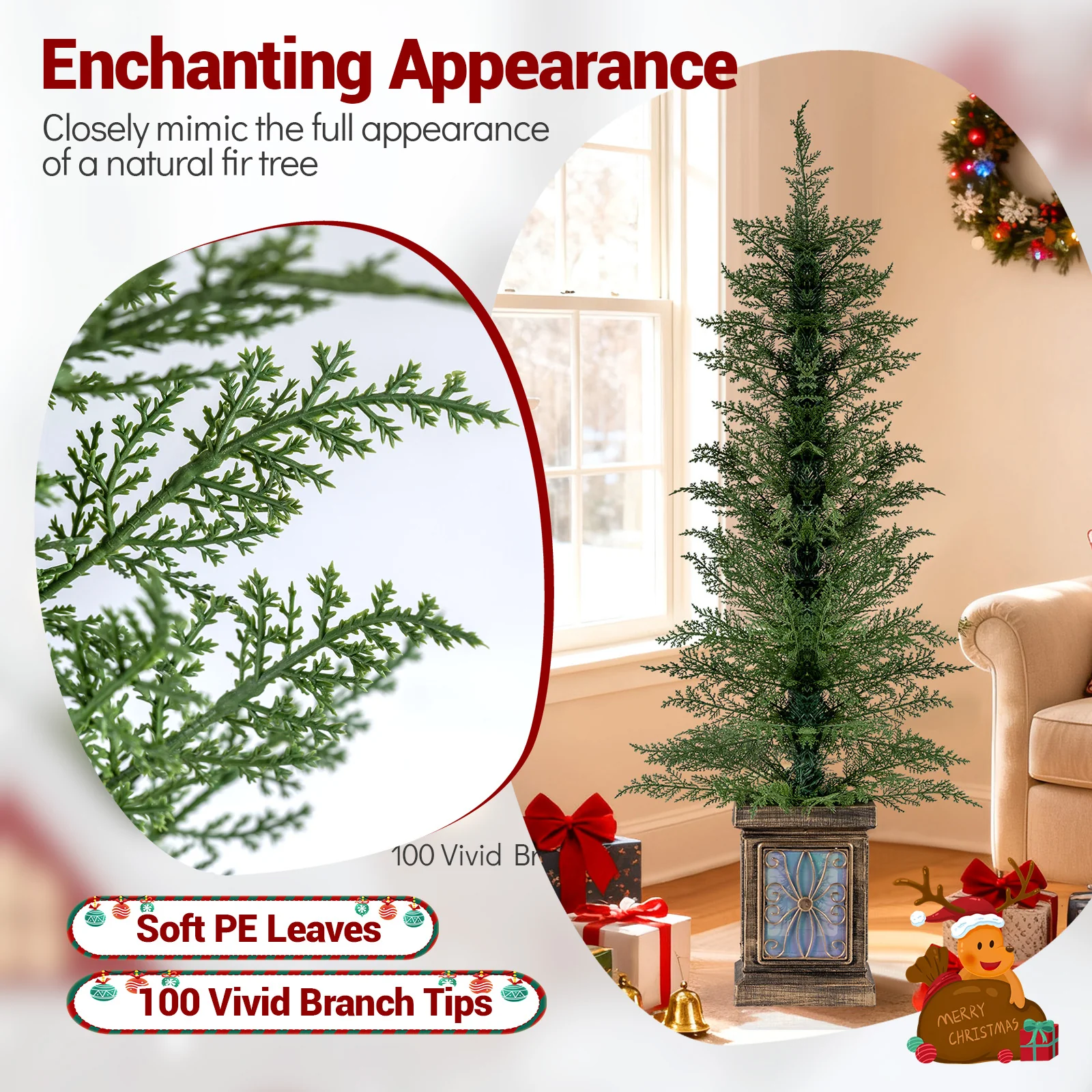 Set of 1/2 4 FT Artificial Christmas Tree Potted Xmas Tree with 100 Branch Tips and Retro Base-Set of 1 - Image 6