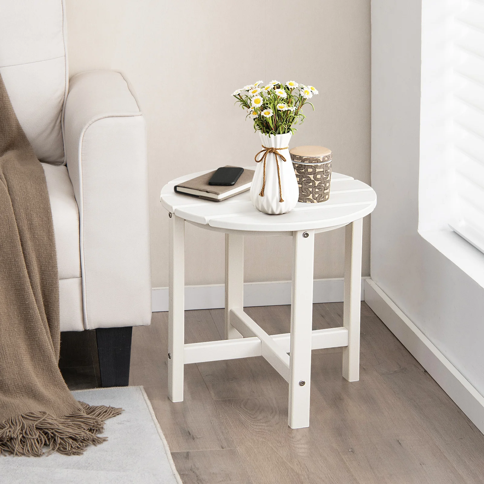 Set of 2 18 Inch Round Weather-Resistant Side Tables, White - Image 3