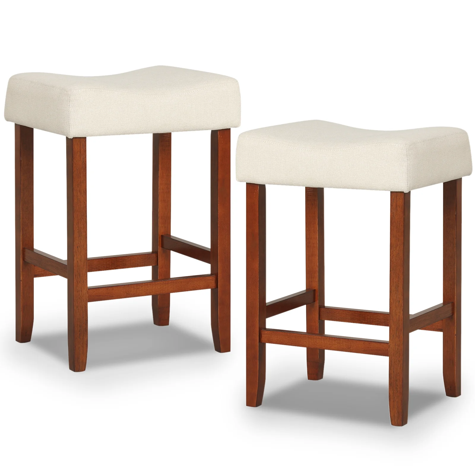 Set Of 2, 24 Inch Bar Stool, Curved Seat Cushions, Off White