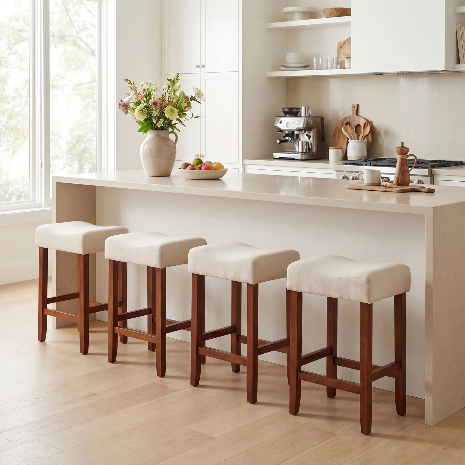 Set Of 2, 24 Inch Bar Stool, Curved Seat Cushions, Off White - Image 2