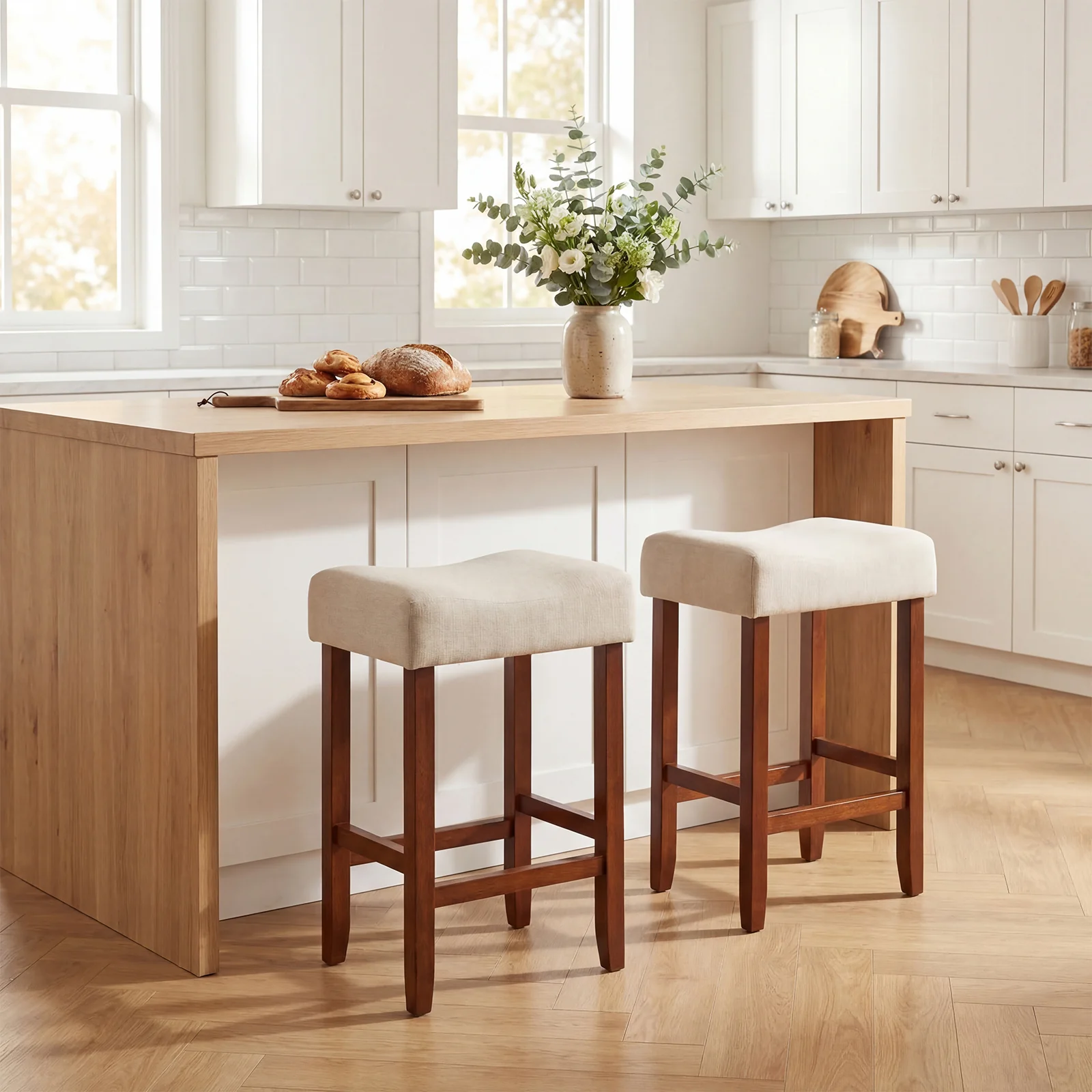 Set Of 2, 24 Inch Bar Stool, Curved Seat Cushions, Off White - Image 3
