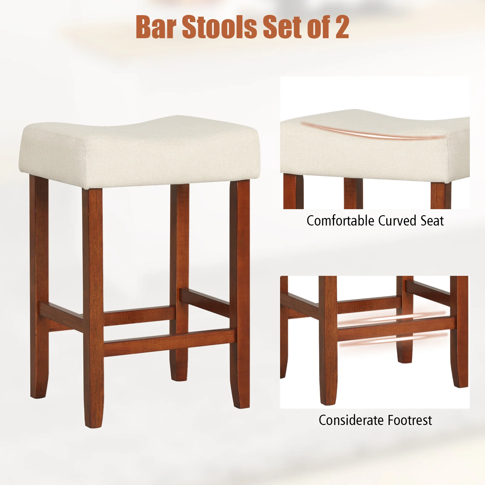 Set Of 2, 24 Inch Bar Stool, Curved Seat Cushions, Off White - Image 6