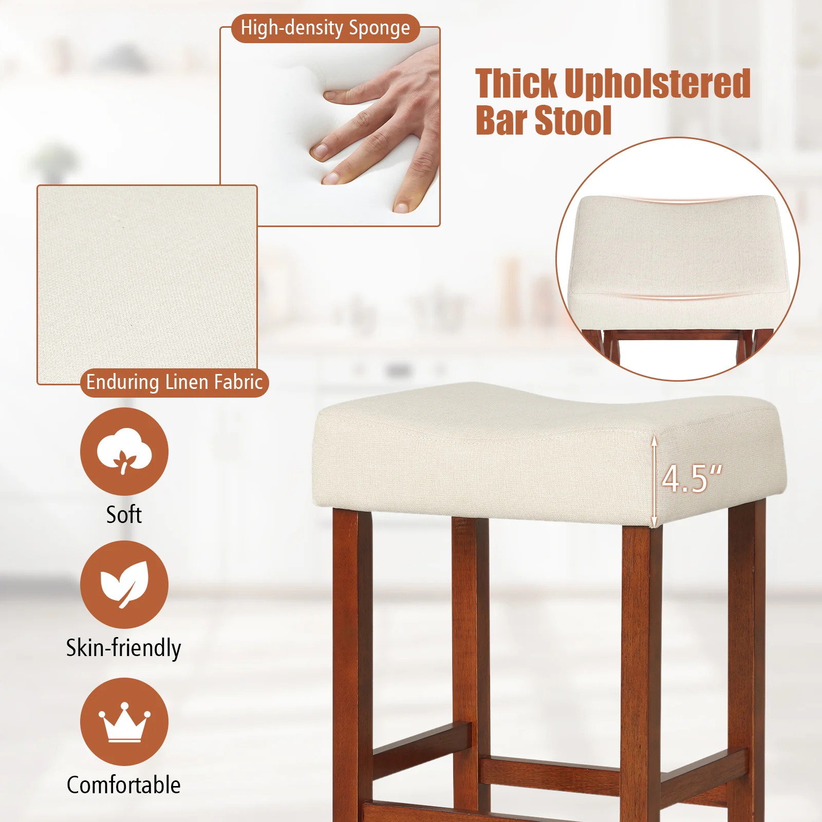 Set Of 2, 24 Inch Bar Stool, Curved Seat Cushions, Off White - Image 7