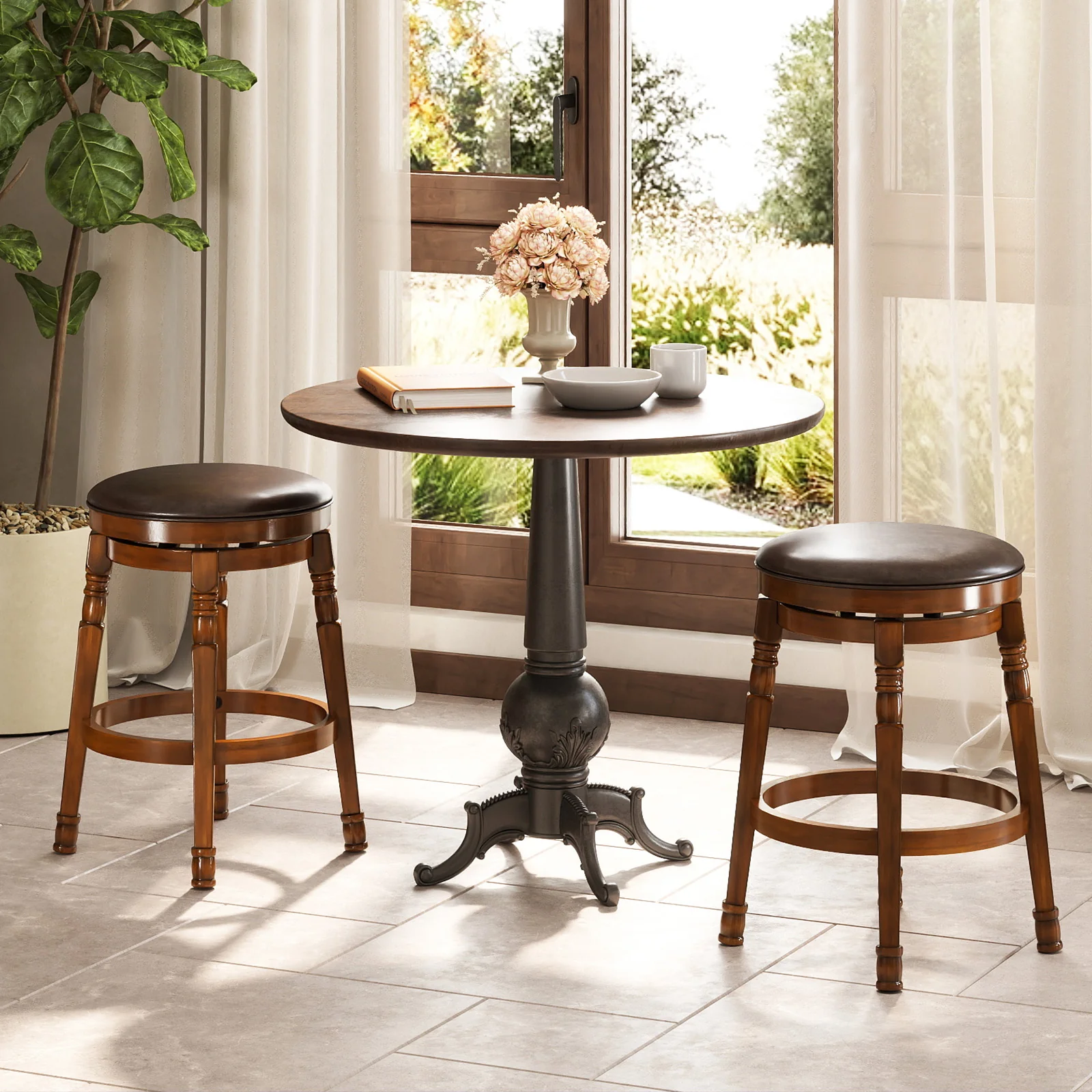 Set Of 2 24-Inch Swivel Leather Padded Bar Stools, Walnut - Image 3