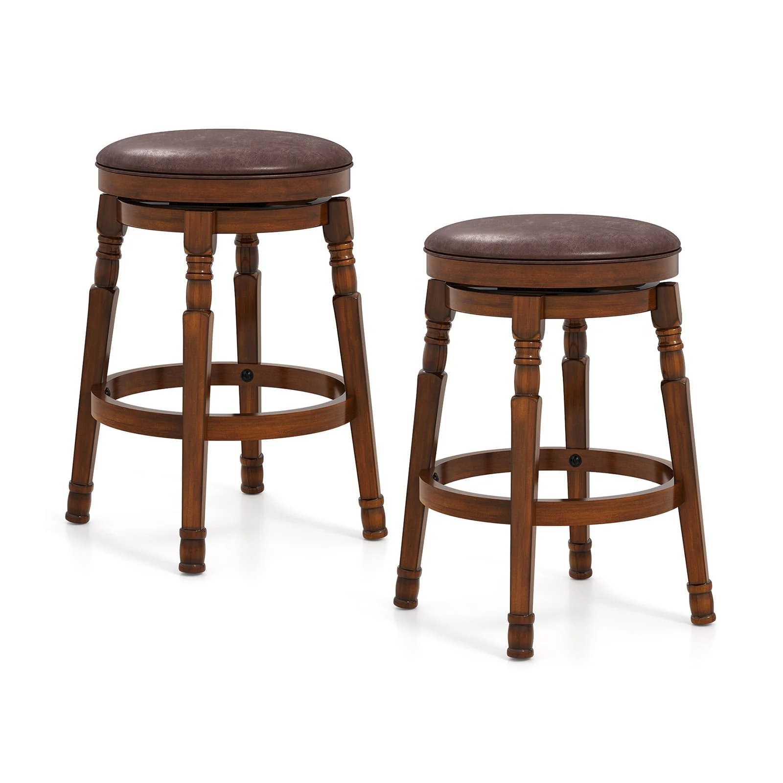 Set Of 2 24-Inch Swivel Leather Padded Bar Stools, Walnut - Image 4