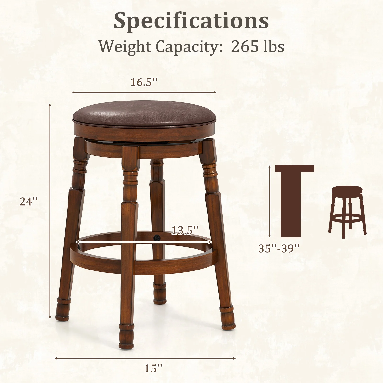 Set Of 2 24-Inch Swivel Leather Padded Bar Stools, Walnut - Image 5