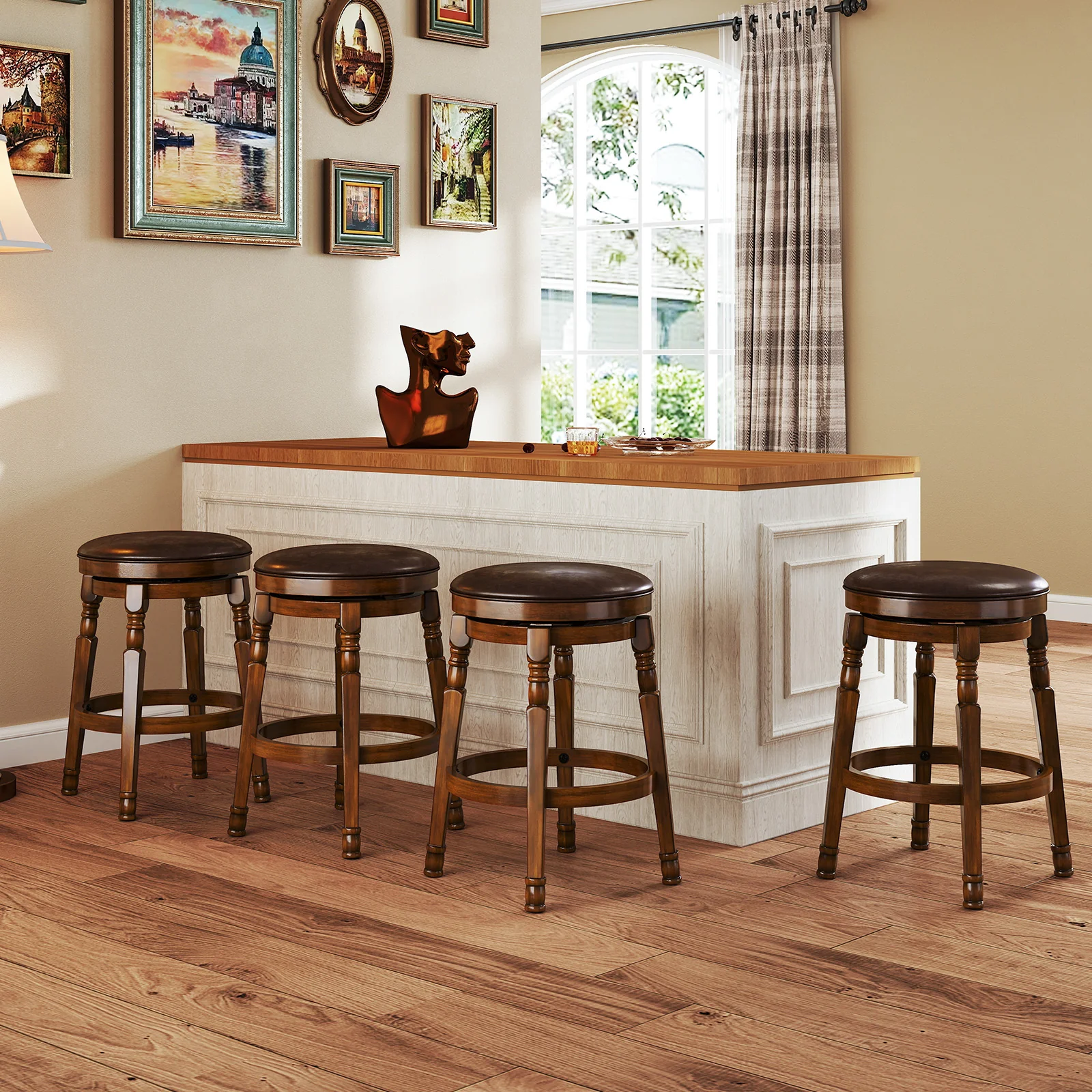 Set Of 2 24-Inch Swivel Leather Padded Bar Stools, Walnut - Image 6
