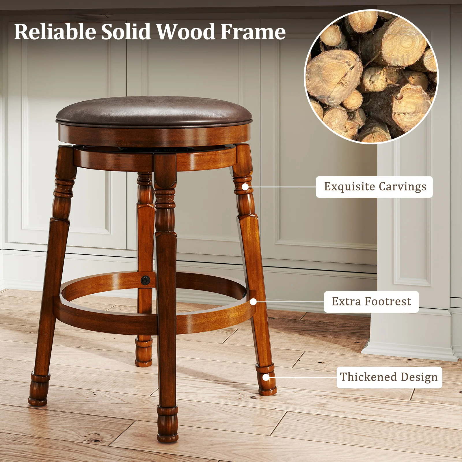 Set Of 2 24-Inch Swivel Leather Padded Bar Stools, Walnut - Image 7