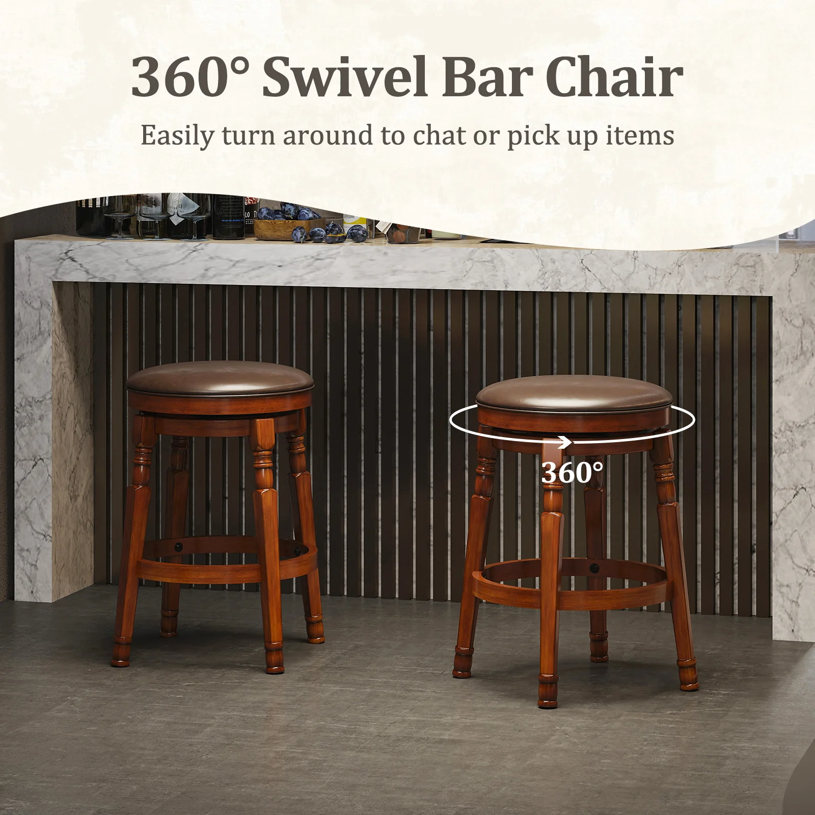 Set Of 2 24-Inch Swivel Leather Padded Bar Stools, Walnut - Image 8