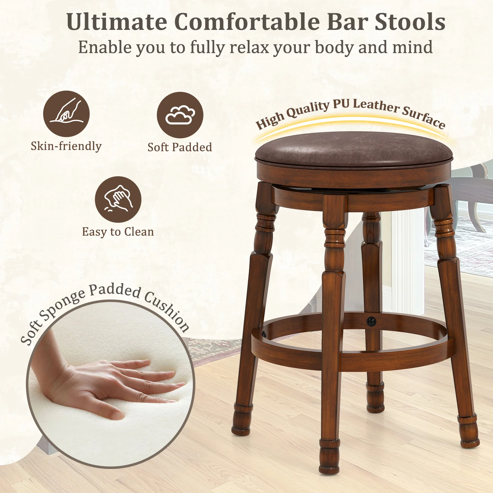 Set Of 2 24-Inch Swivel Leather Padded Bar Stools, Walnut - Image 9