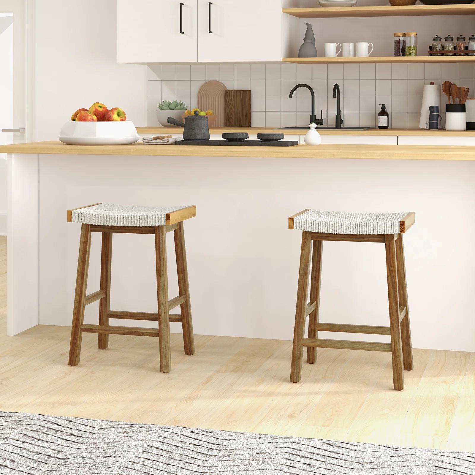 Set Of 2 25.5 Inch Bar Stools, Seaweed Woven Seat, Beige - Image 2